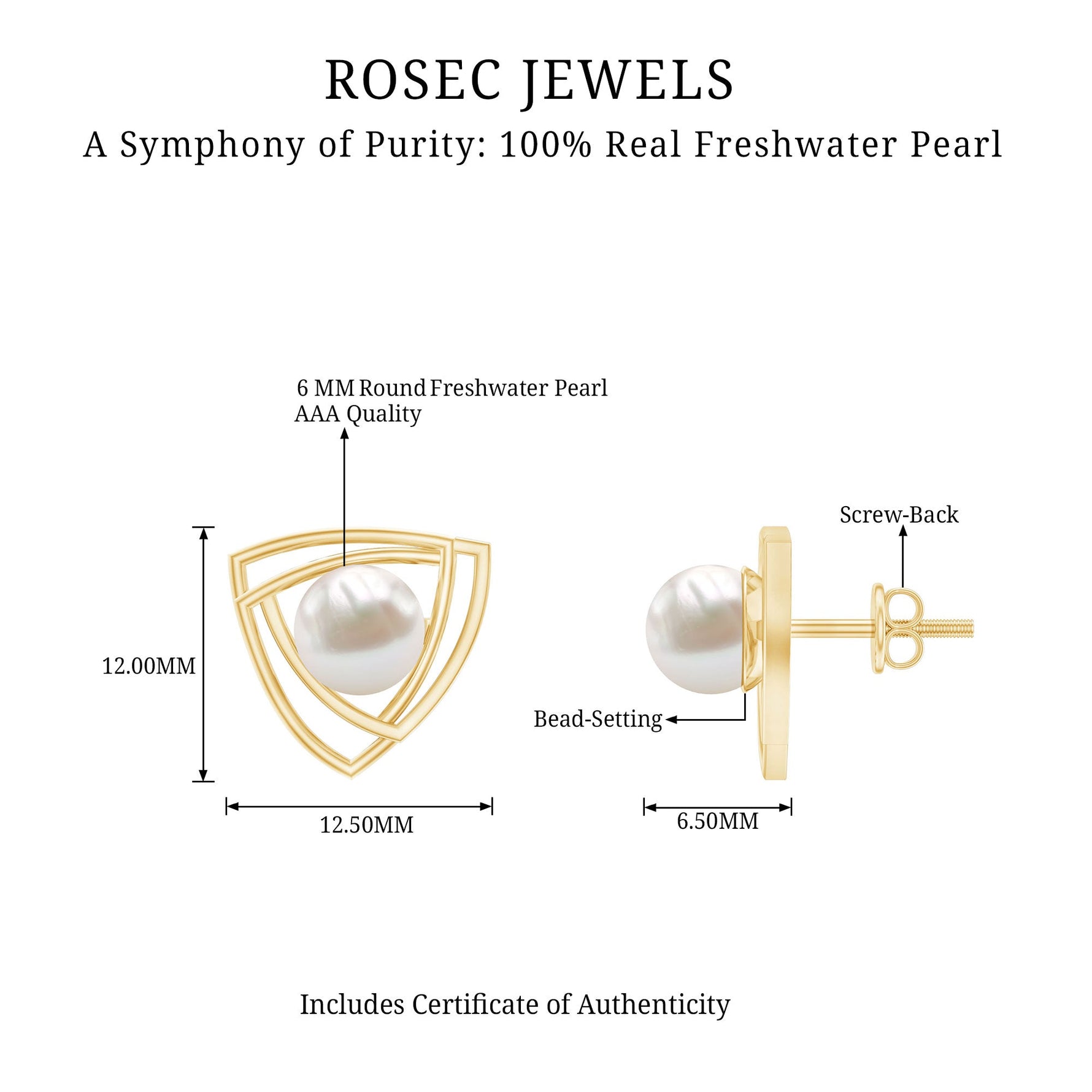 6 MM Bead Set Round Freshwater Pearl Solitaire Triangle Stud Earrings