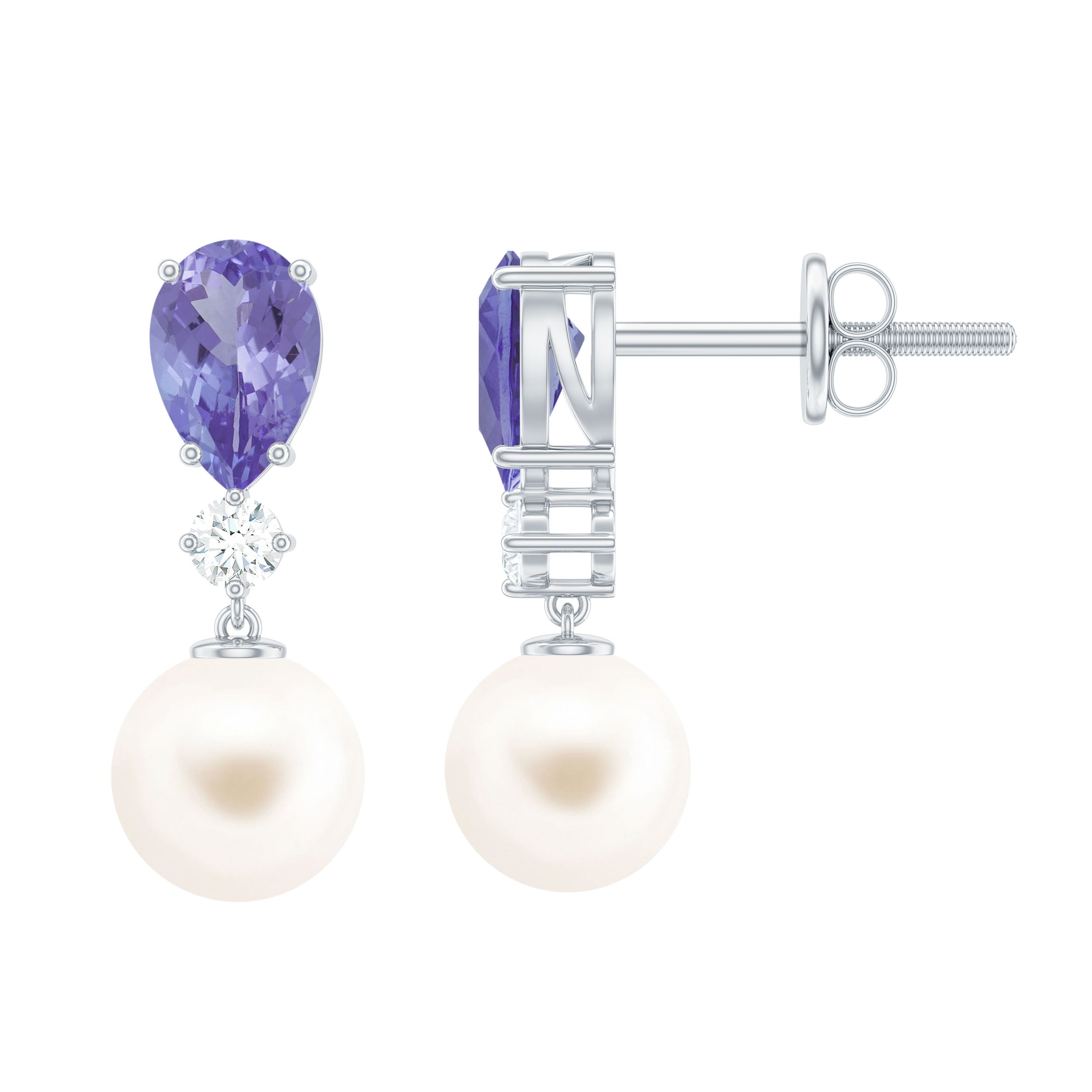 Genuine Freshwater Pearl Drop Earrings with Tanzanite