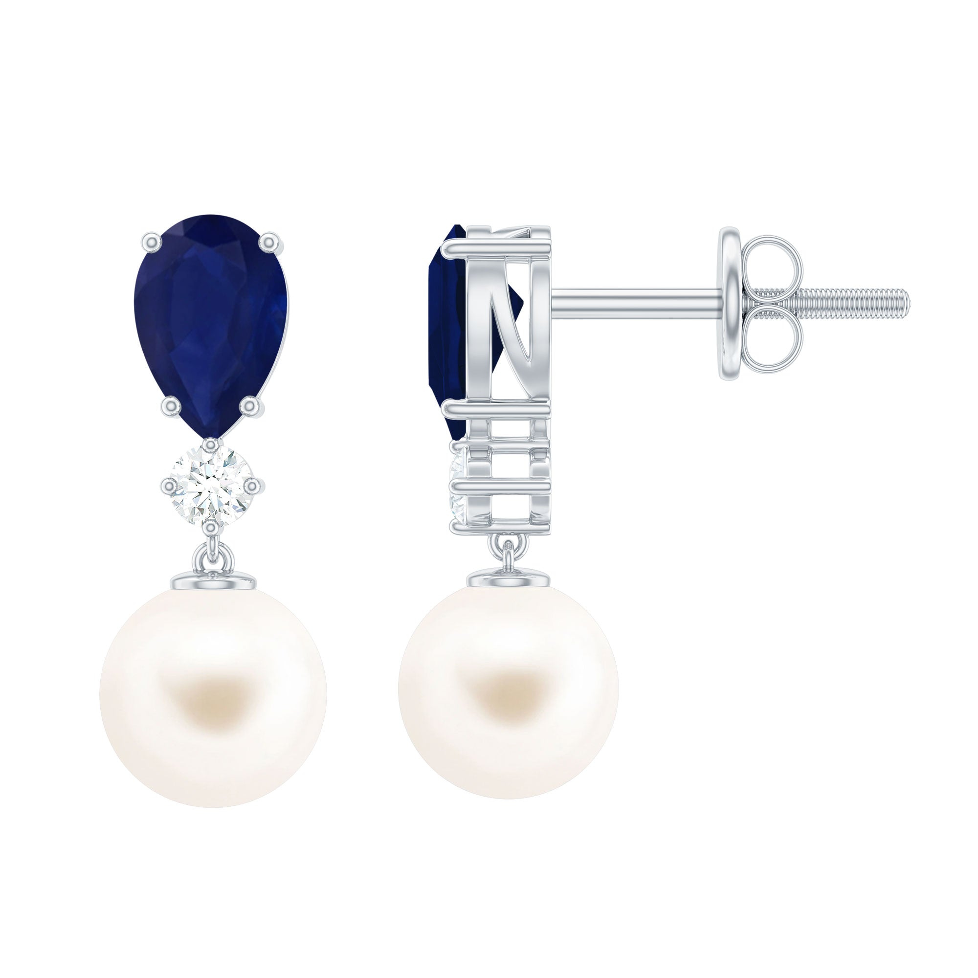 Cultured Freshwater Pearl Drop Earrings with Blue Sapphire
