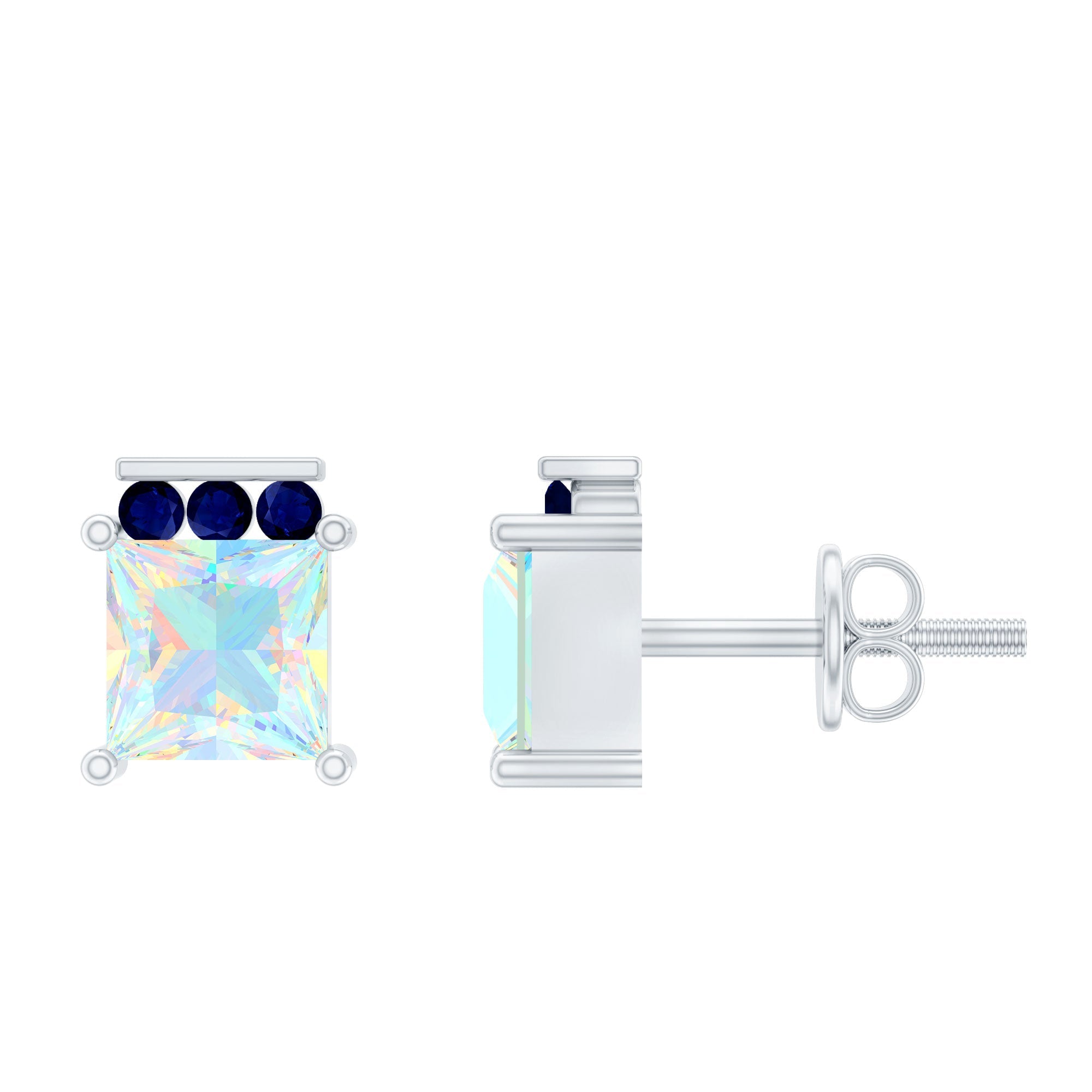 Princess Cut Ethiopian Opal Stud Earrings with Blue Sapphire Trio