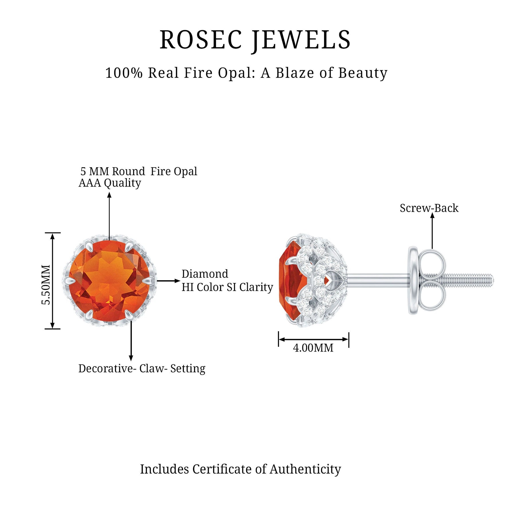 Designer Orange Fire Opal Stud Earrings with Diamond