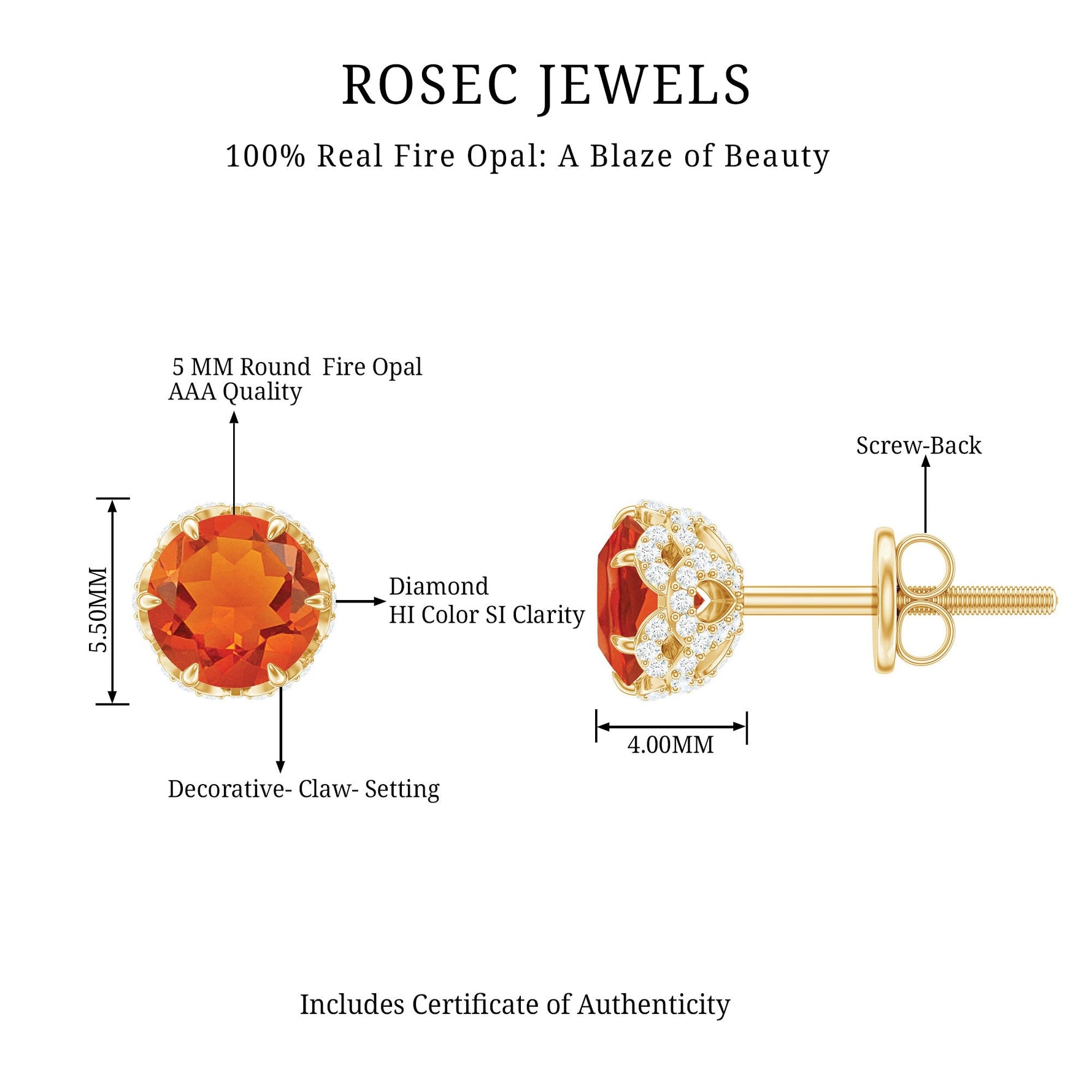 Designer Orange Fire Opal Stud Earrings with Diamond