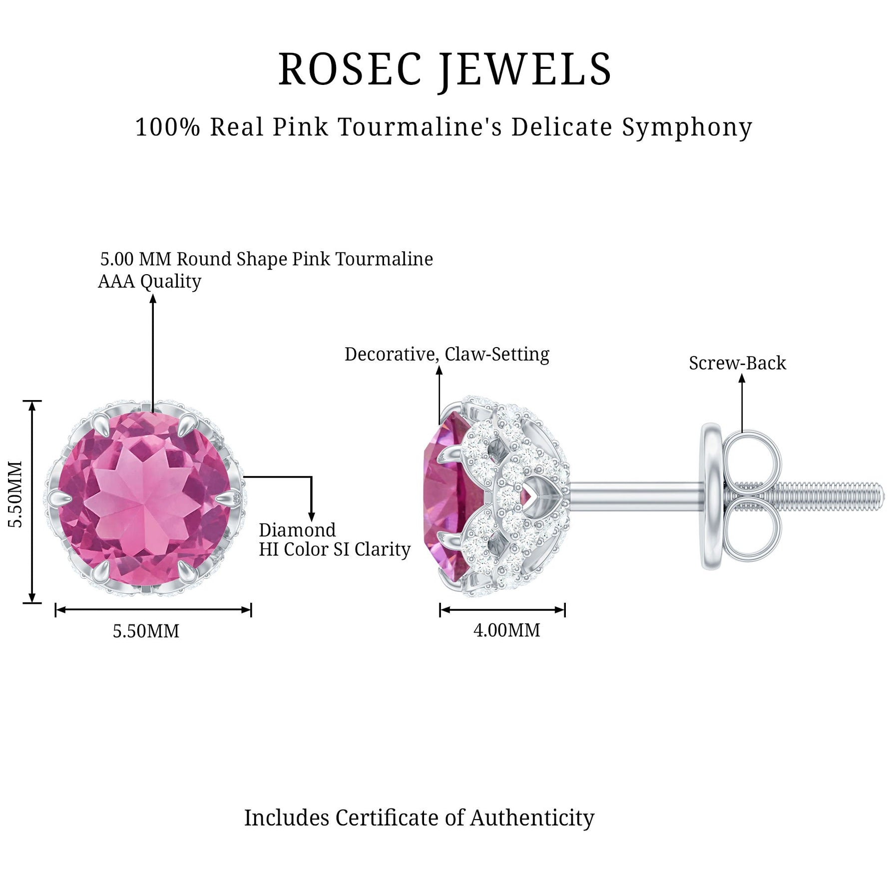 1.25 CT Claw Set Pink Tourmaline Solitaire and Diamond Stud Earrings