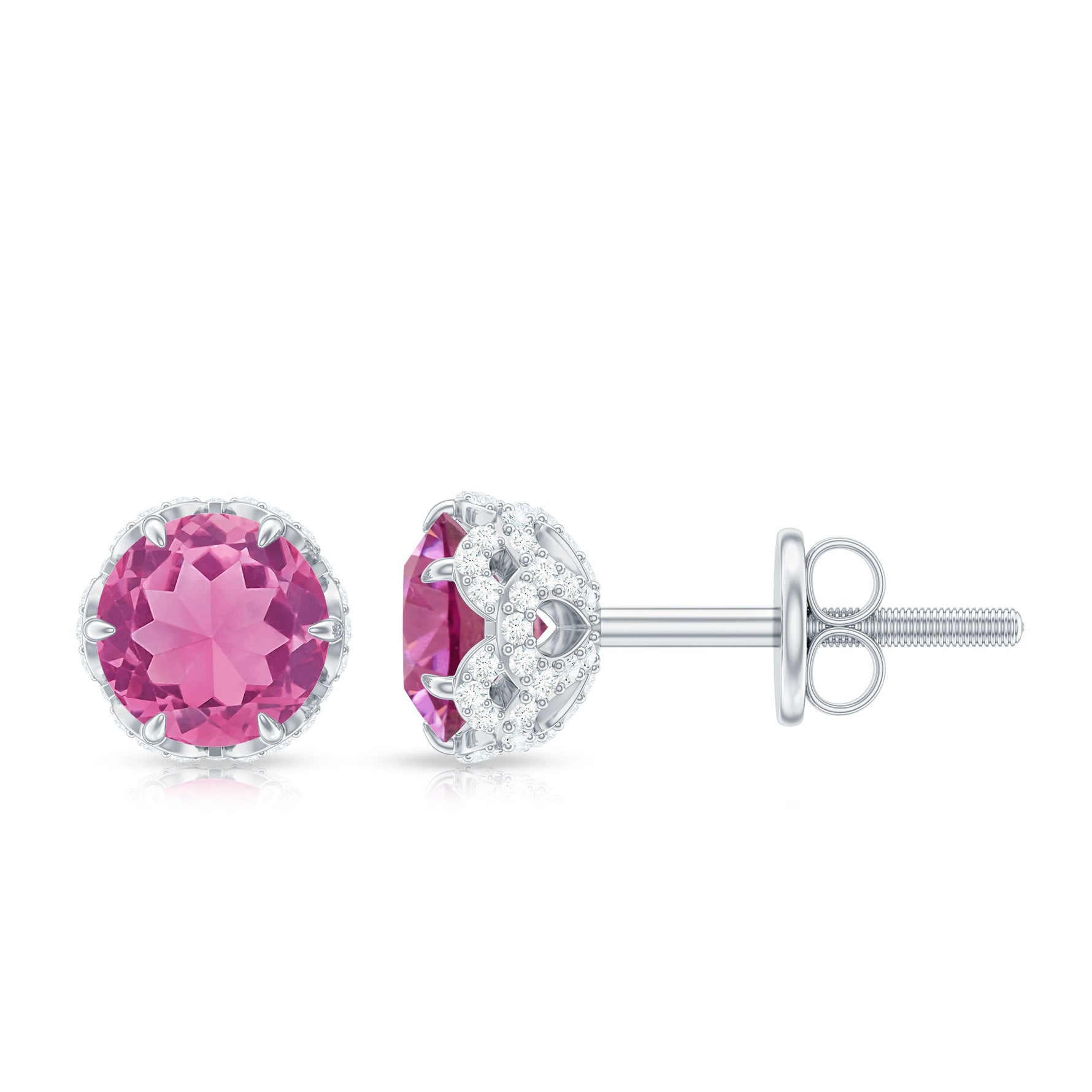 1.25 CT Claw Set Pink Tourmaline Solitaire and Diamond Stud Earrings