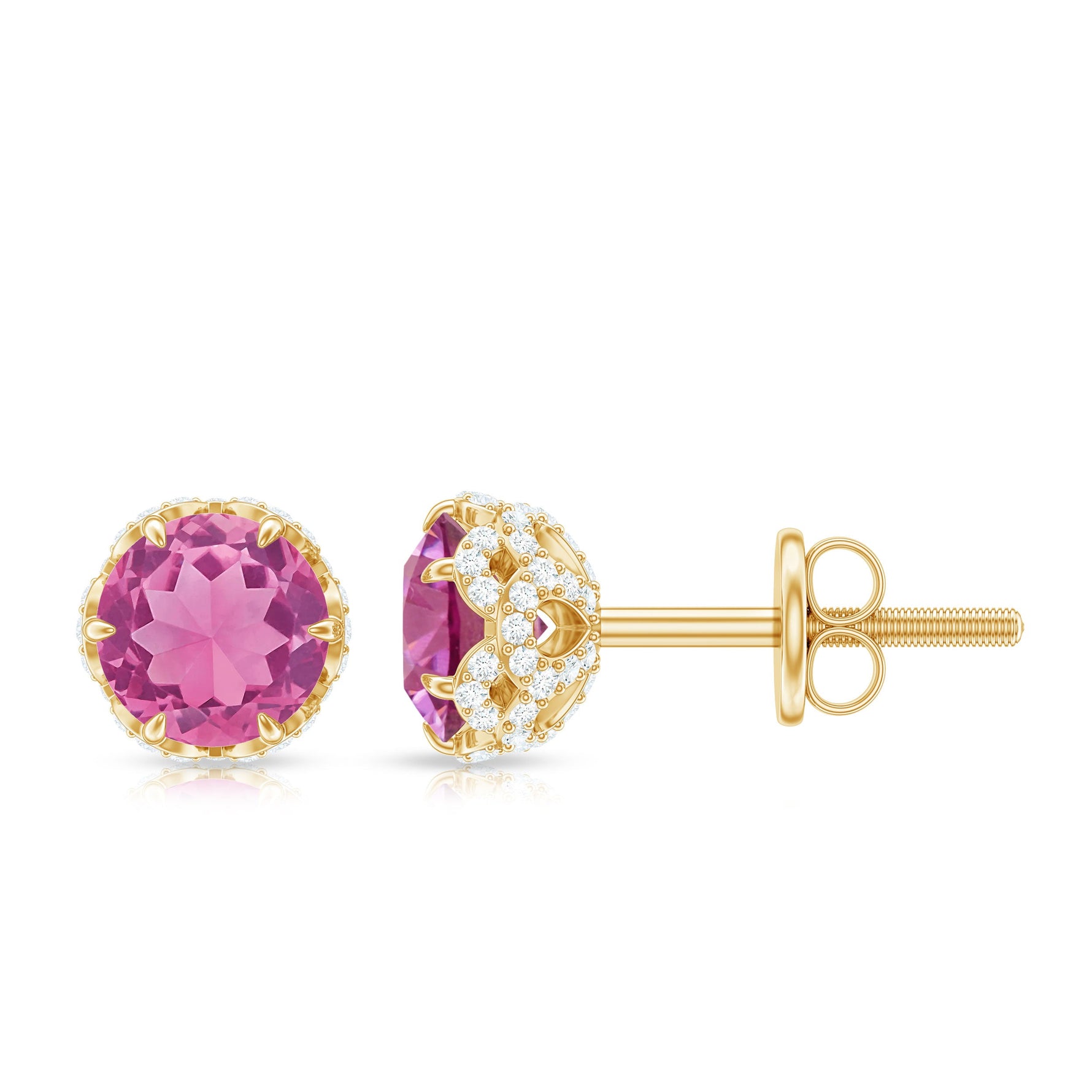 1.25 CT Claw Set Pink Tourmaline Solitaire and Diamond Stud Earrings