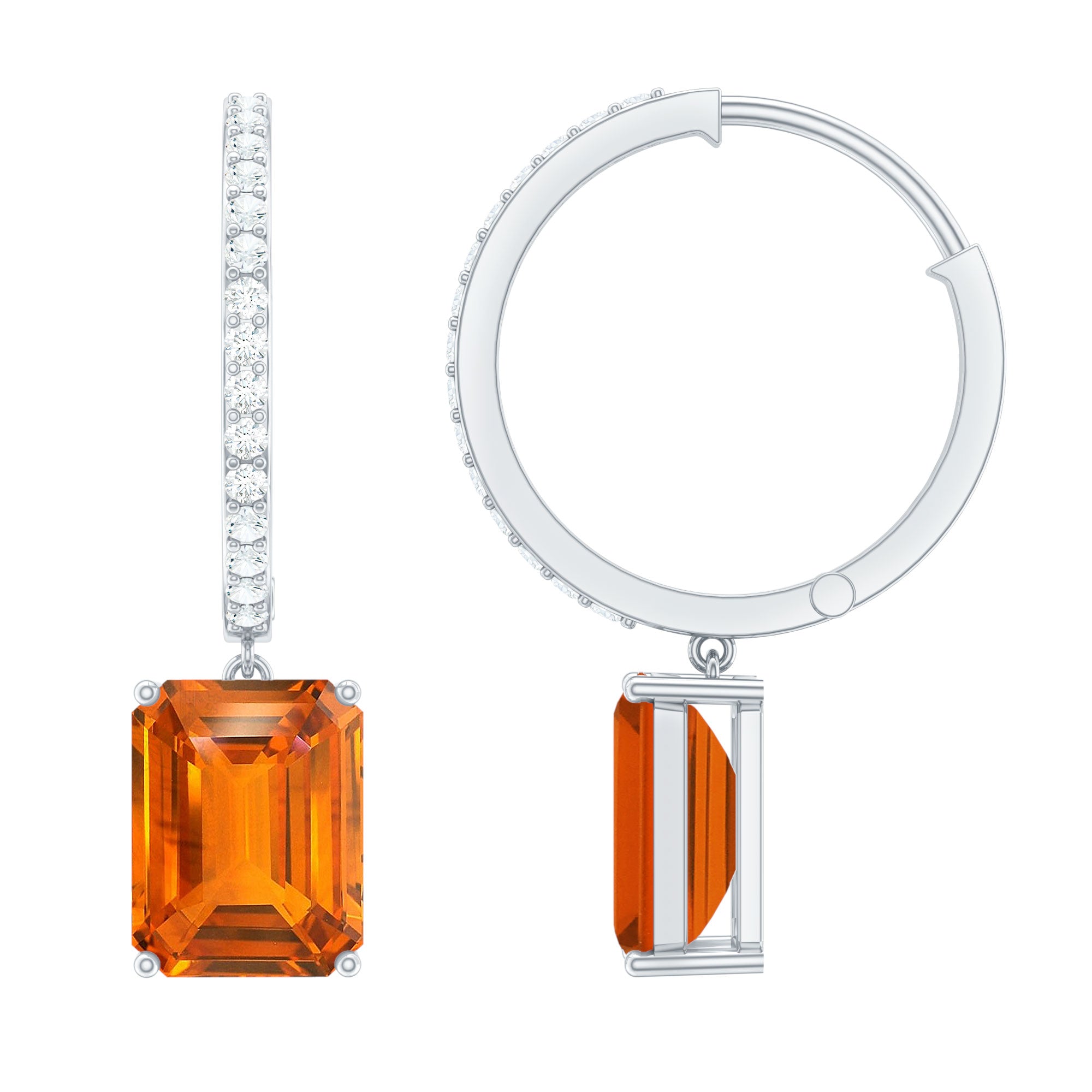 Emerald Cut Lab Grown Orange Sapphire Drop Hoop Earrings with Diamond