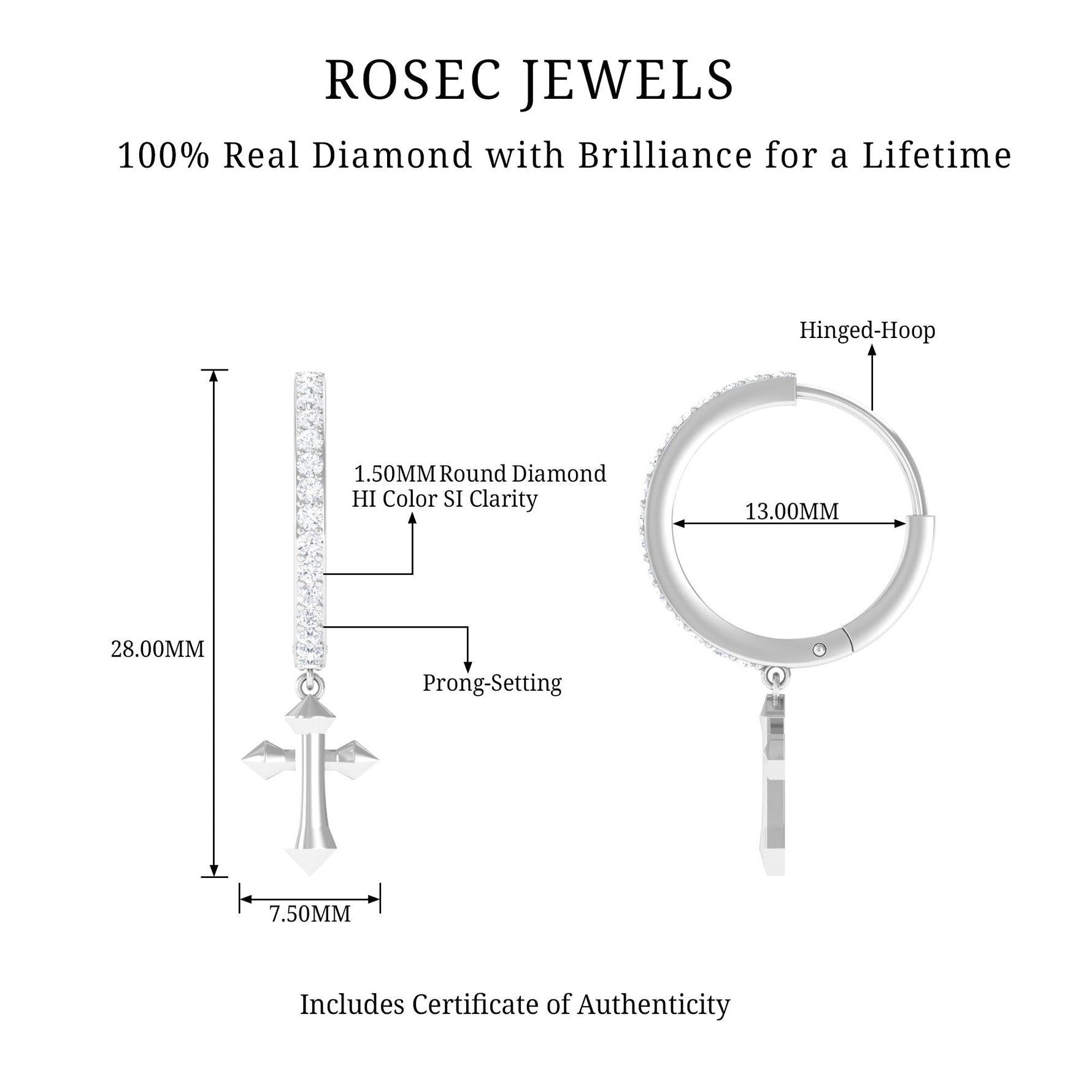 Certified Diamond Cross Drop Hoop Earrings