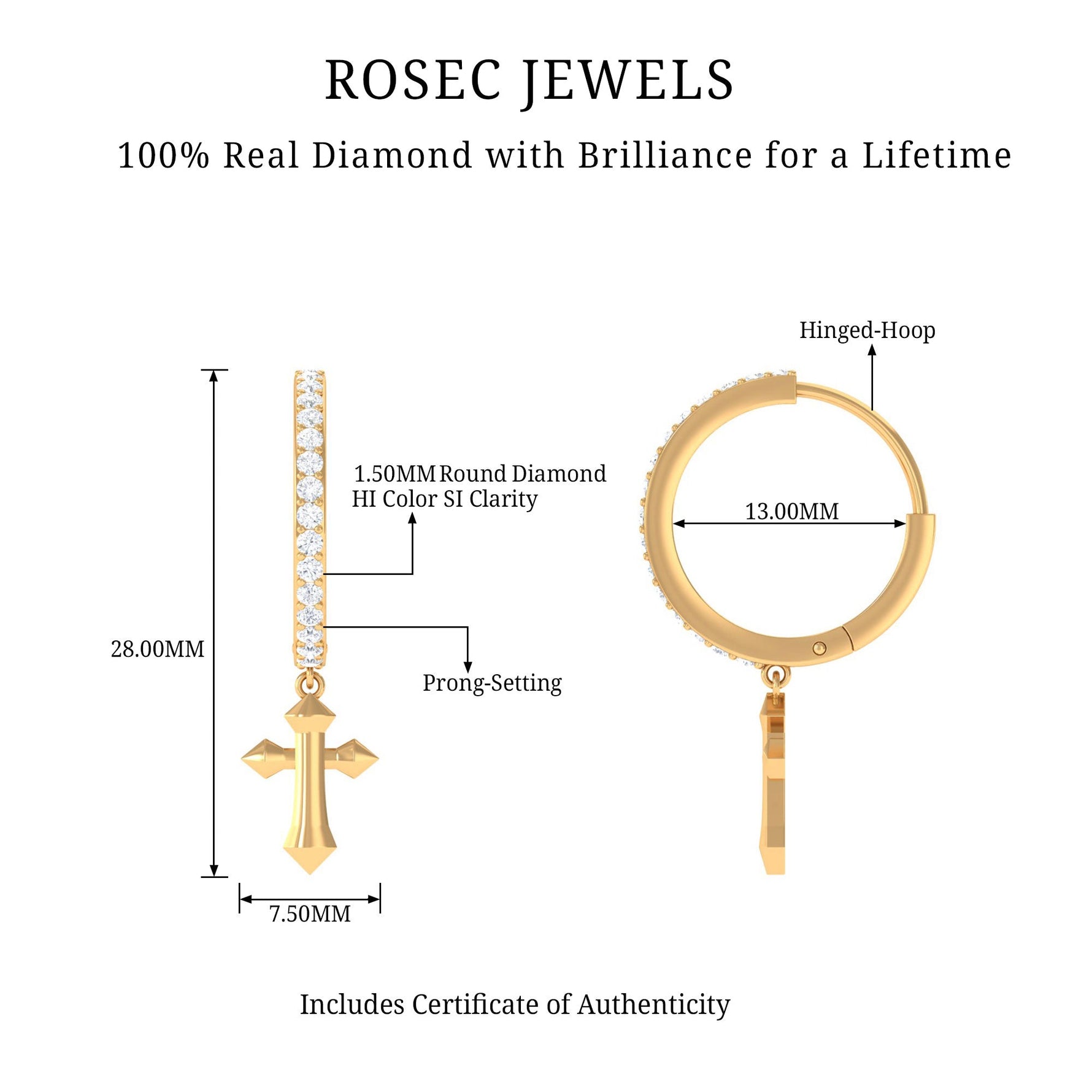 Certified Diamond Cross Drop Hoop Earrings