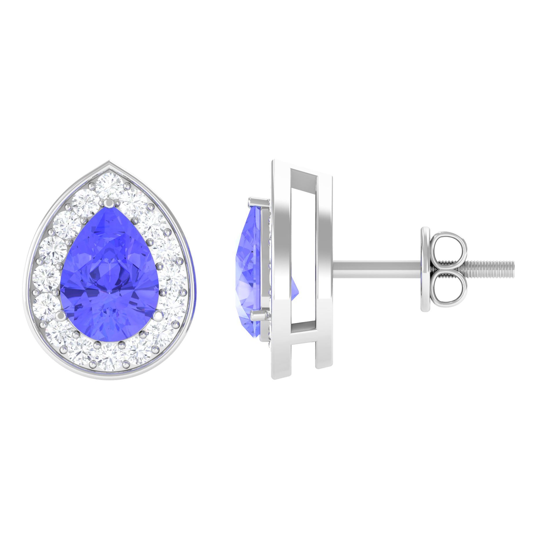 Pear Shape Tanzanite Classic Halo Stud Earrings with Diamond