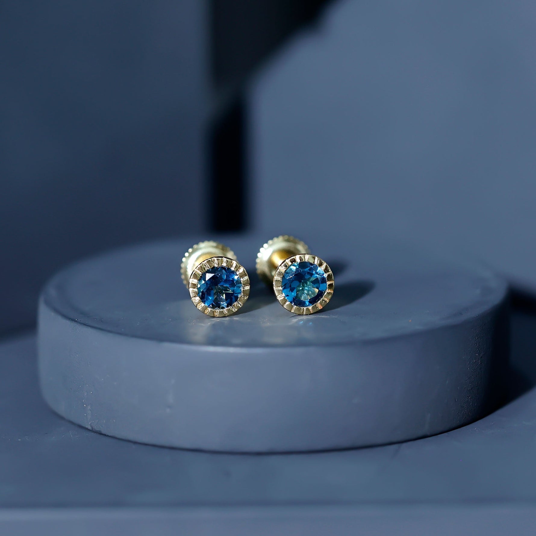 1.25 CT Bezel Set Real London Blue Topaz Solitaire Stud Earrings