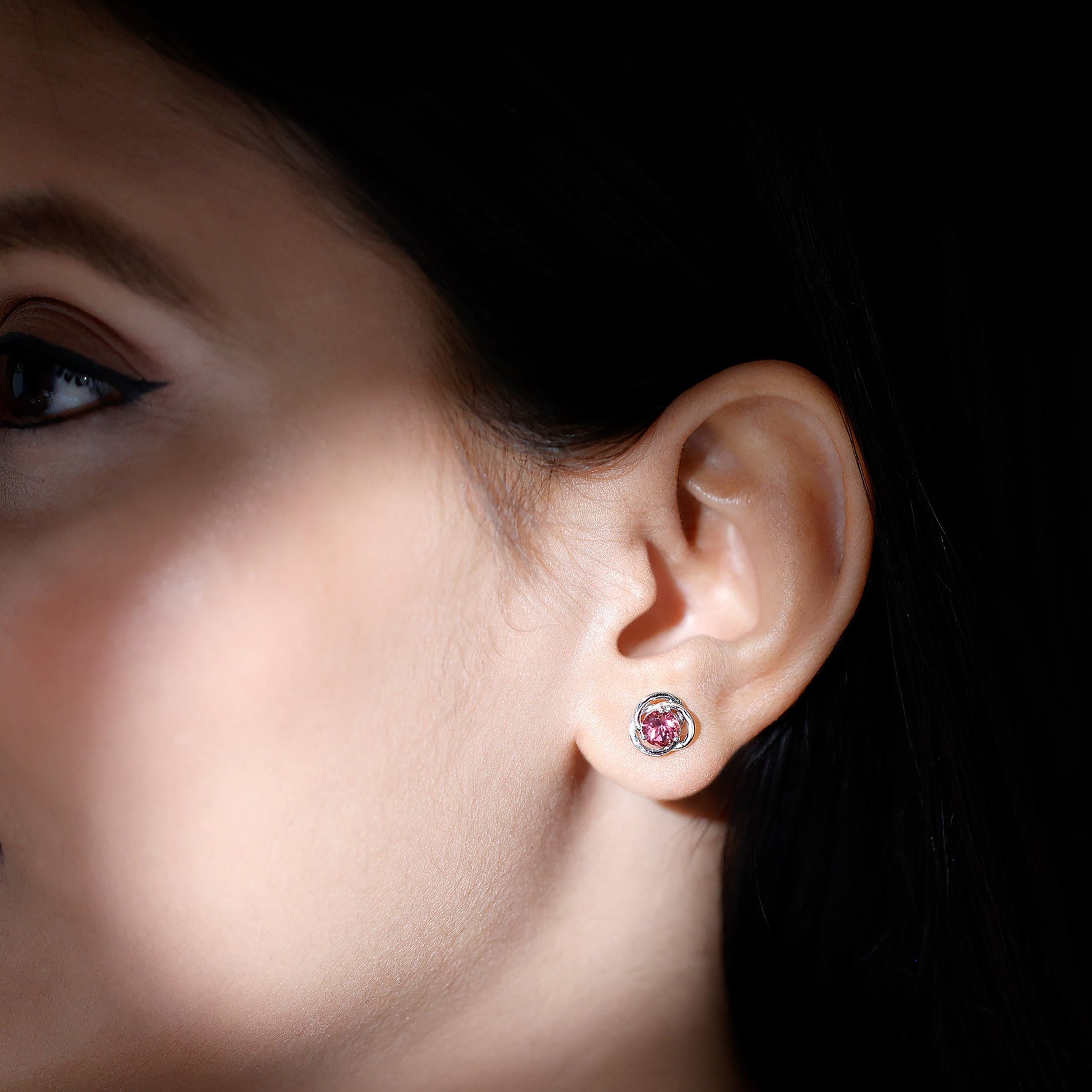 1 CT Solitaire Pink Tourmaline and Gold Swirl Stud Earrings