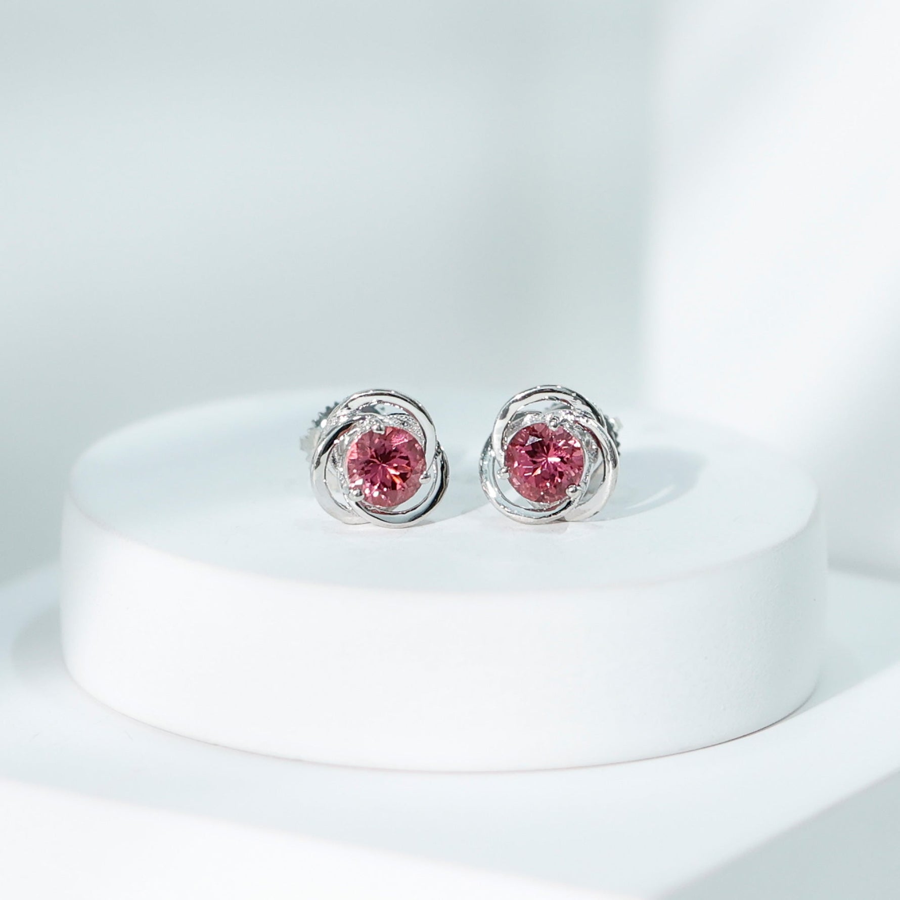 1 CT Solitaire Pink Tourmaline and Gold Swirl Stud Earrings