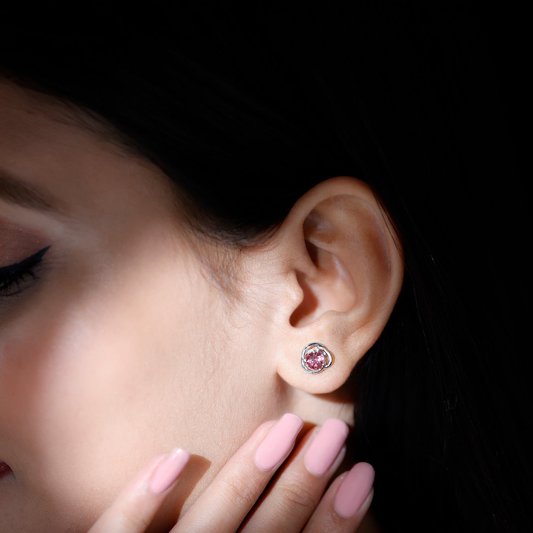 1 CT Solitaire Pink Tourmaline and Gold Swirl Stud Earrings