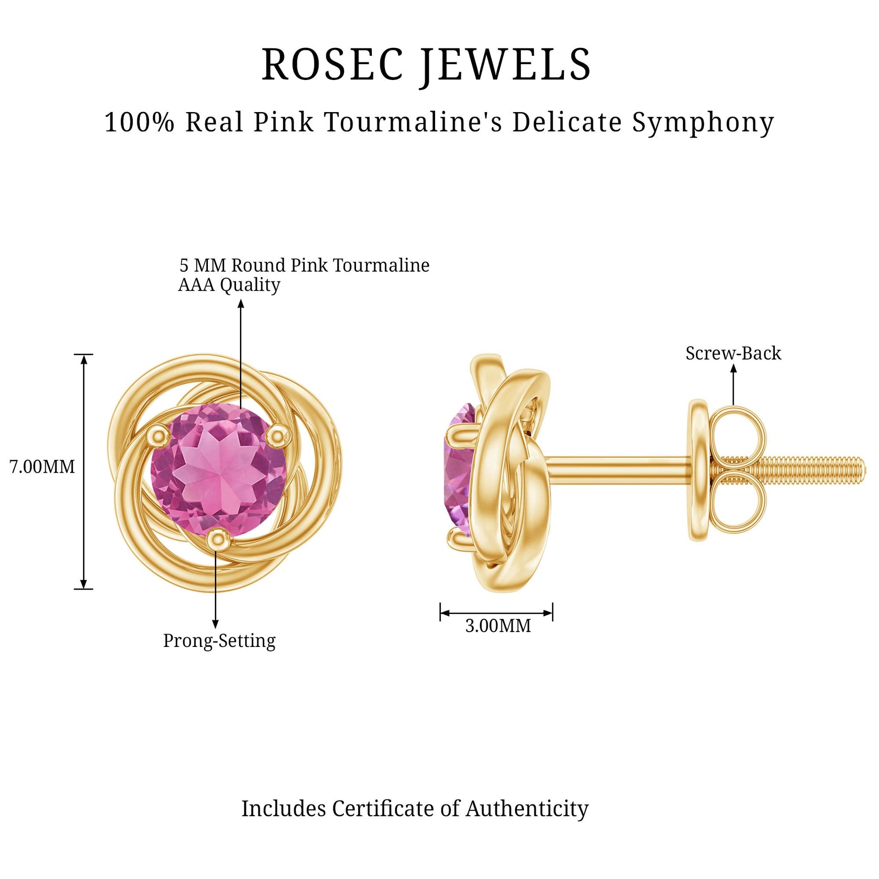1 CT Solitaire Pink Tourmaline and Gold Swirl Stud Earrings
