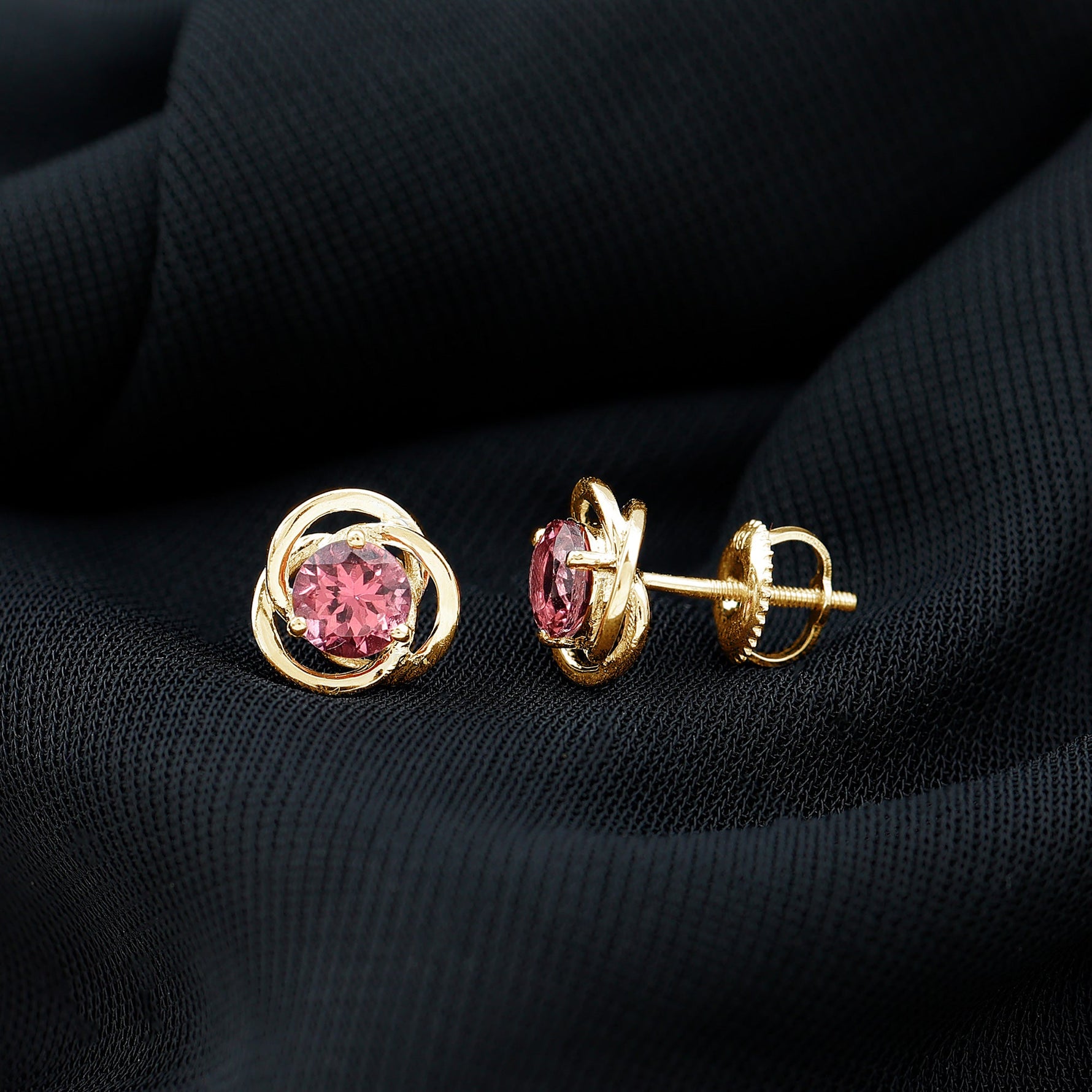 1 CT Solitaire Pink Tourmaline and Gold Swirl Stud Earrings