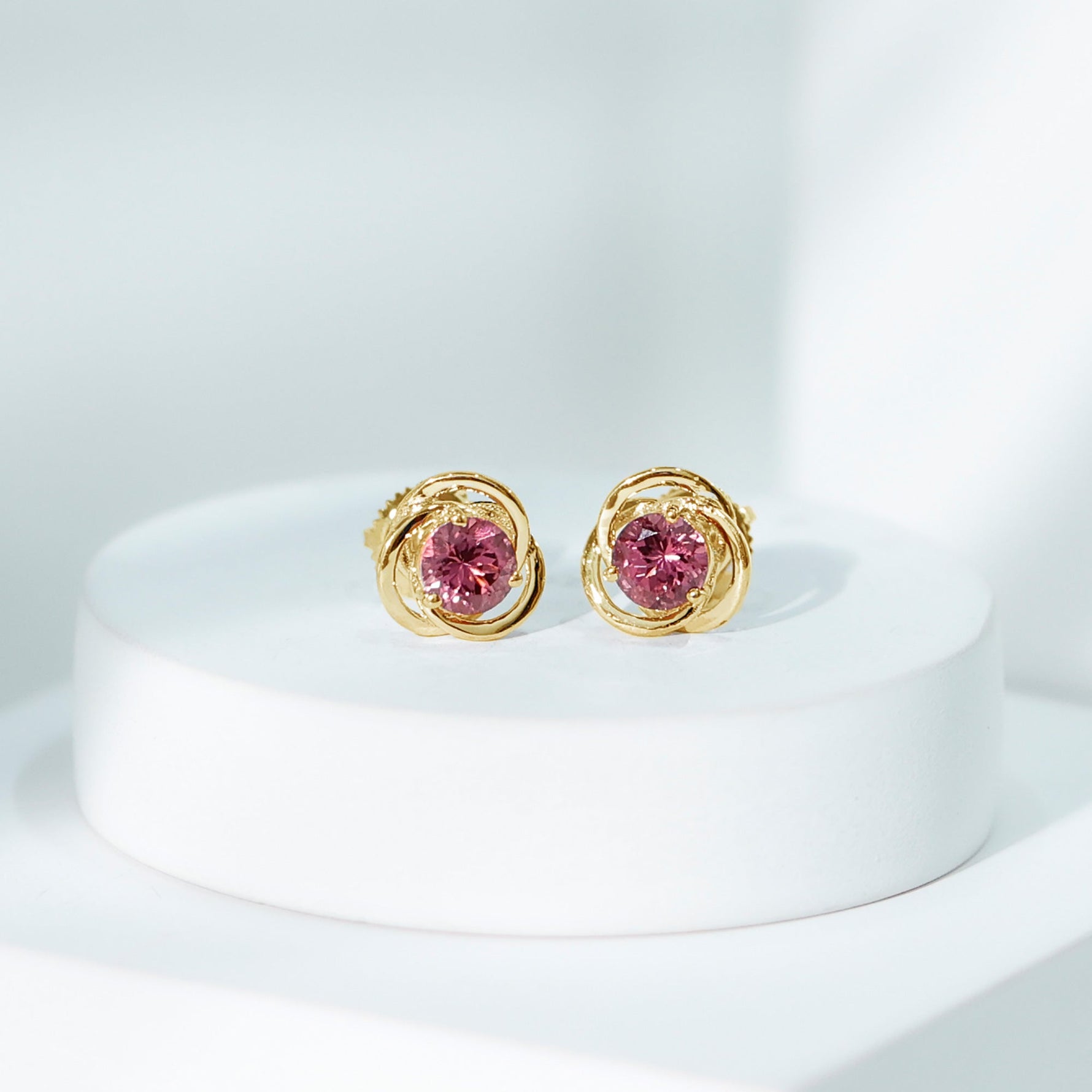 1 CT Solitaire Pink Tourmaline and Gold Swirl Stud Earrings