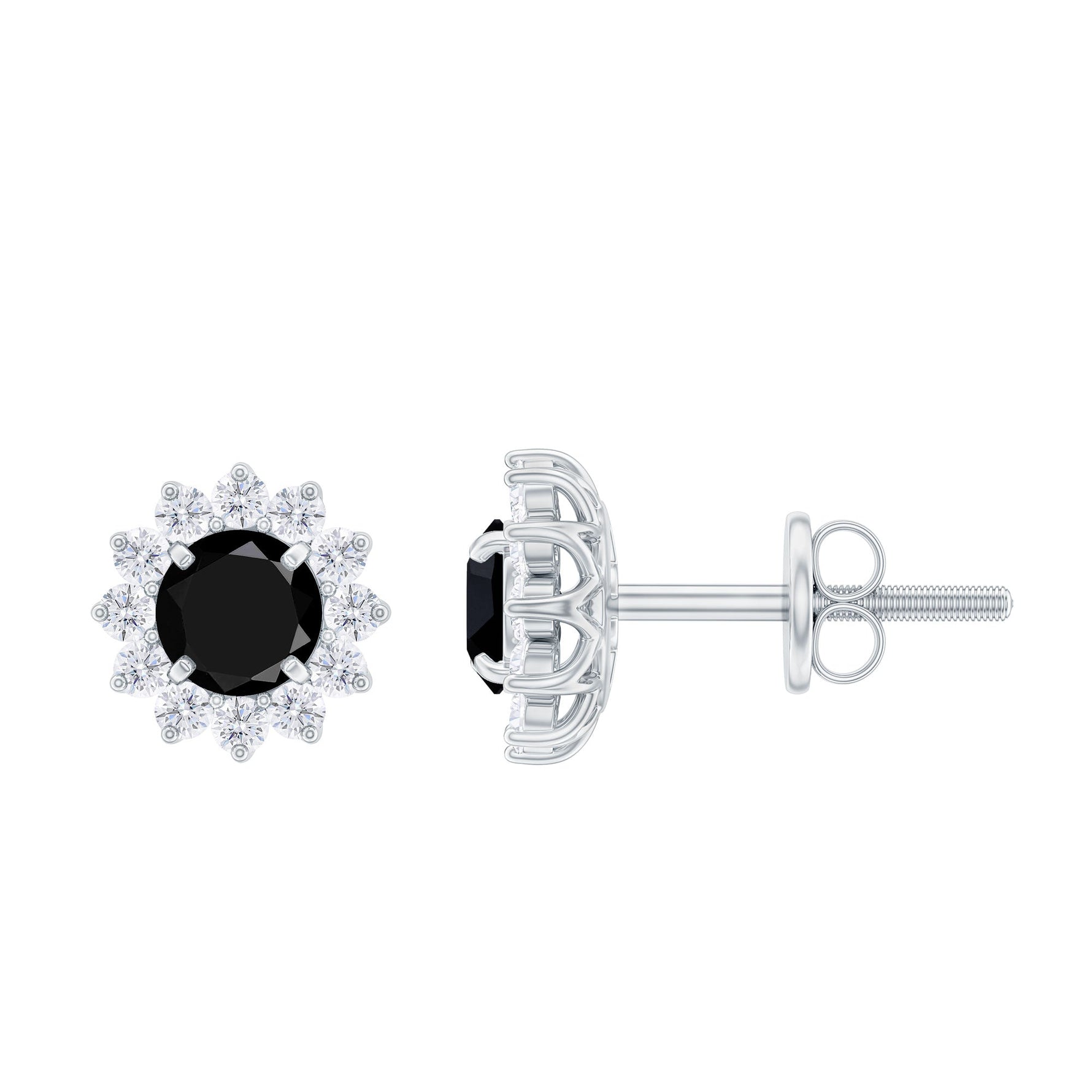 1.25 CT Black Spinel and Diamond Classic Halo Stud Earrings in Prong Setting