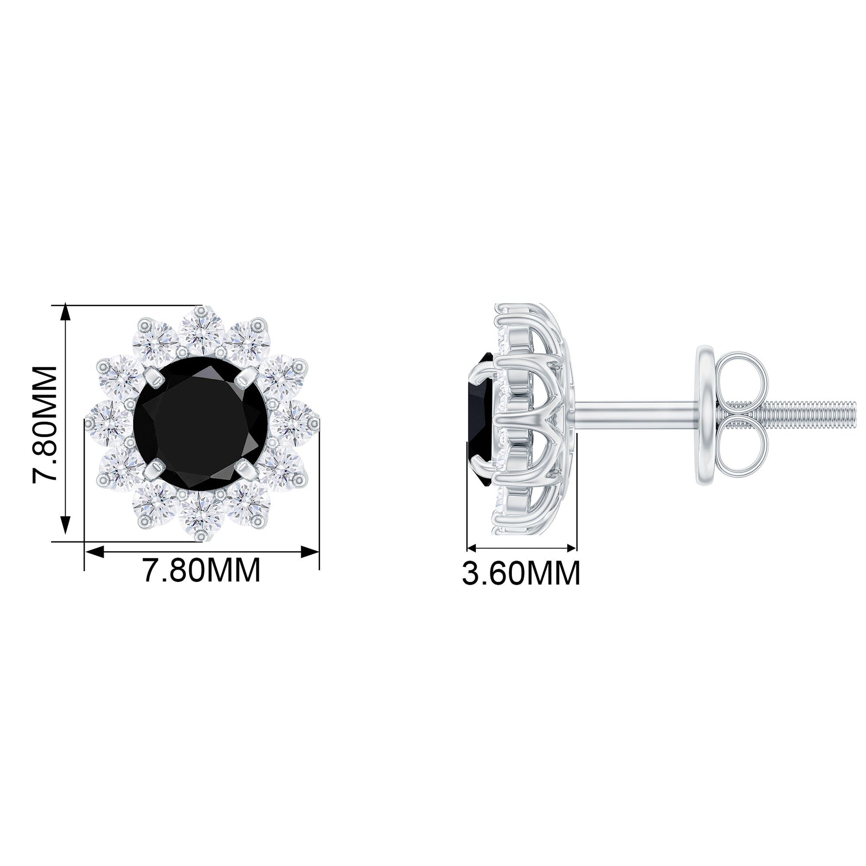 1.25 CT Black Spinel and Diamond Classic Halo Stud Earrings in Prong Setting