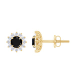 1.25 CT Black Spinel and Diamond Classic Halo Stud Earrings in Prong Setting