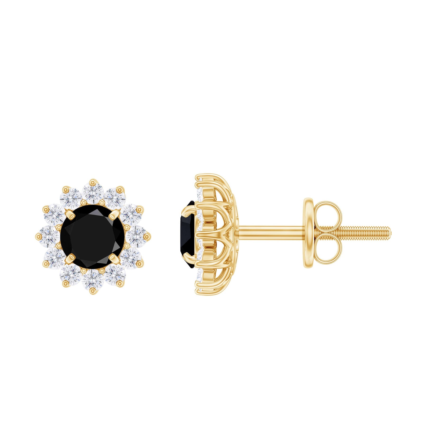 1.25 CT Black Spinel and Diamond Classic Halo Stud Earrings in Prong Setting