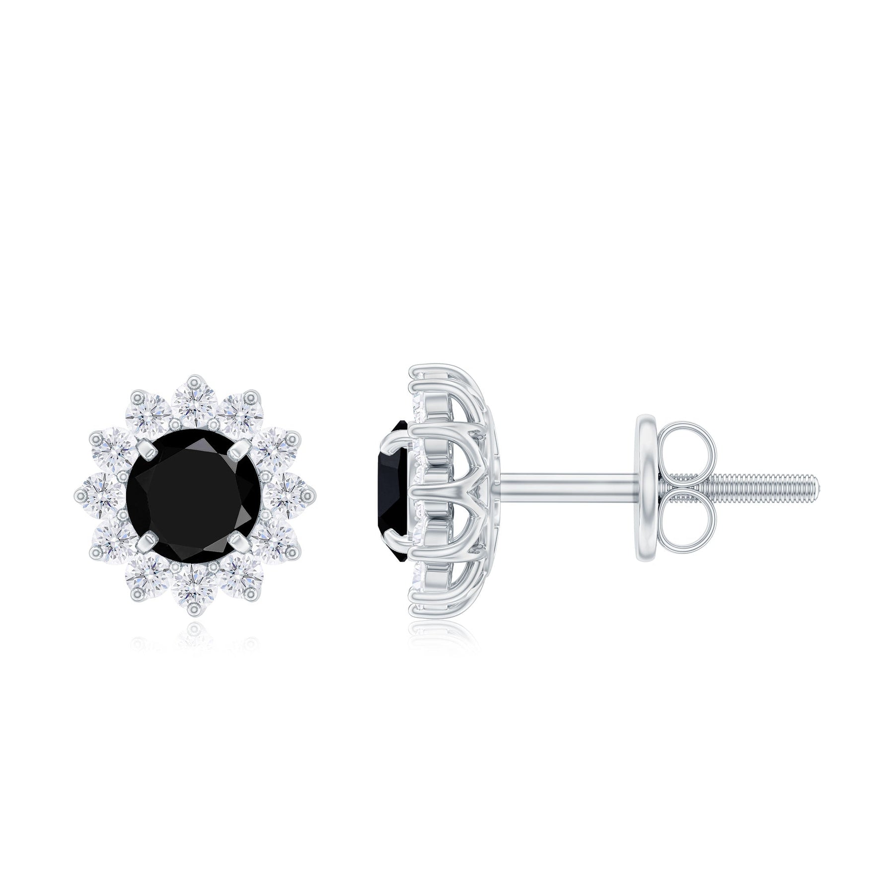 1.25 CT Black Spinel and Diamond Classic Halo Stud Earrings in Prong Setting
