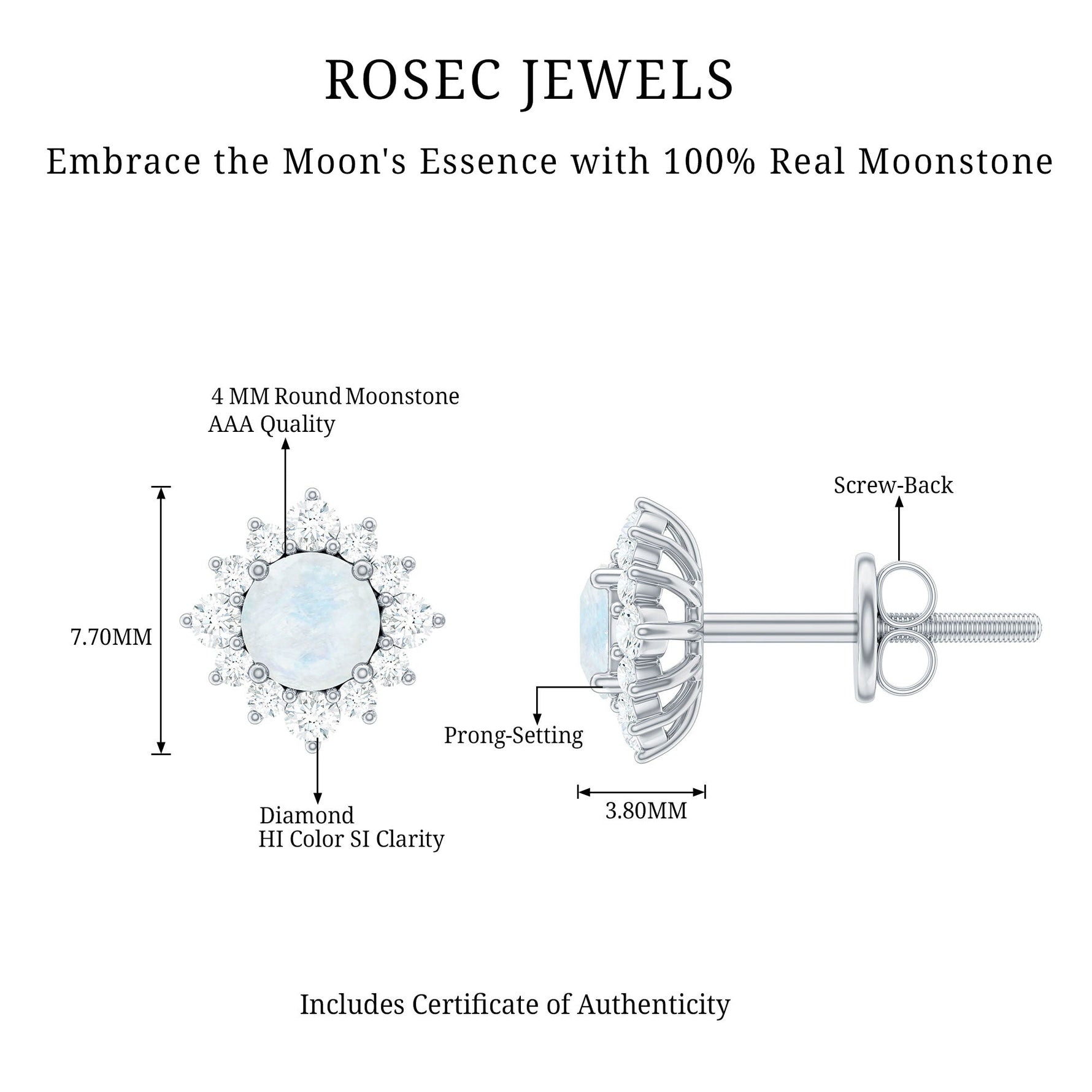 1.25 CT Classic Moonstone Stud Earrings with Diamond Halo