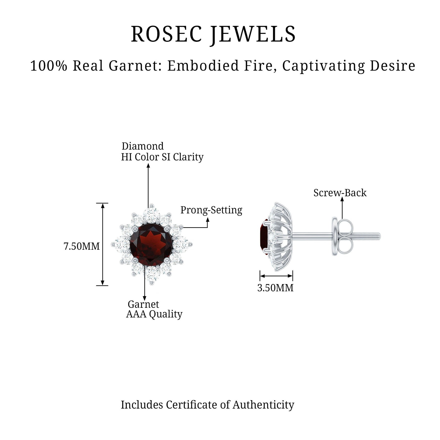 1.25 CT Classic Garnet Stud Earrings with Diamond Halo