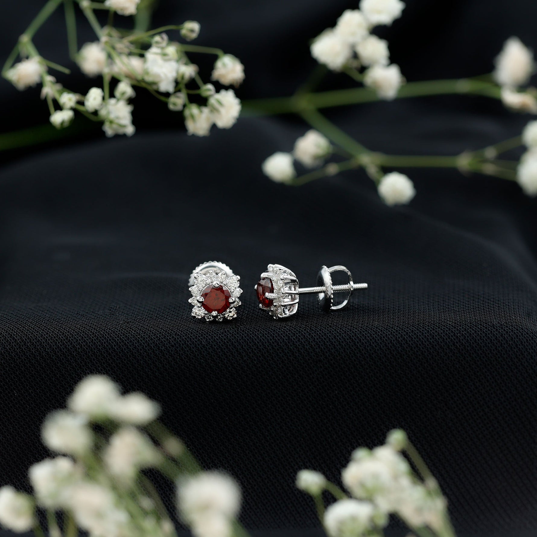 1.25 CT Classic Garnet Stud Earrings with Diamond Halo