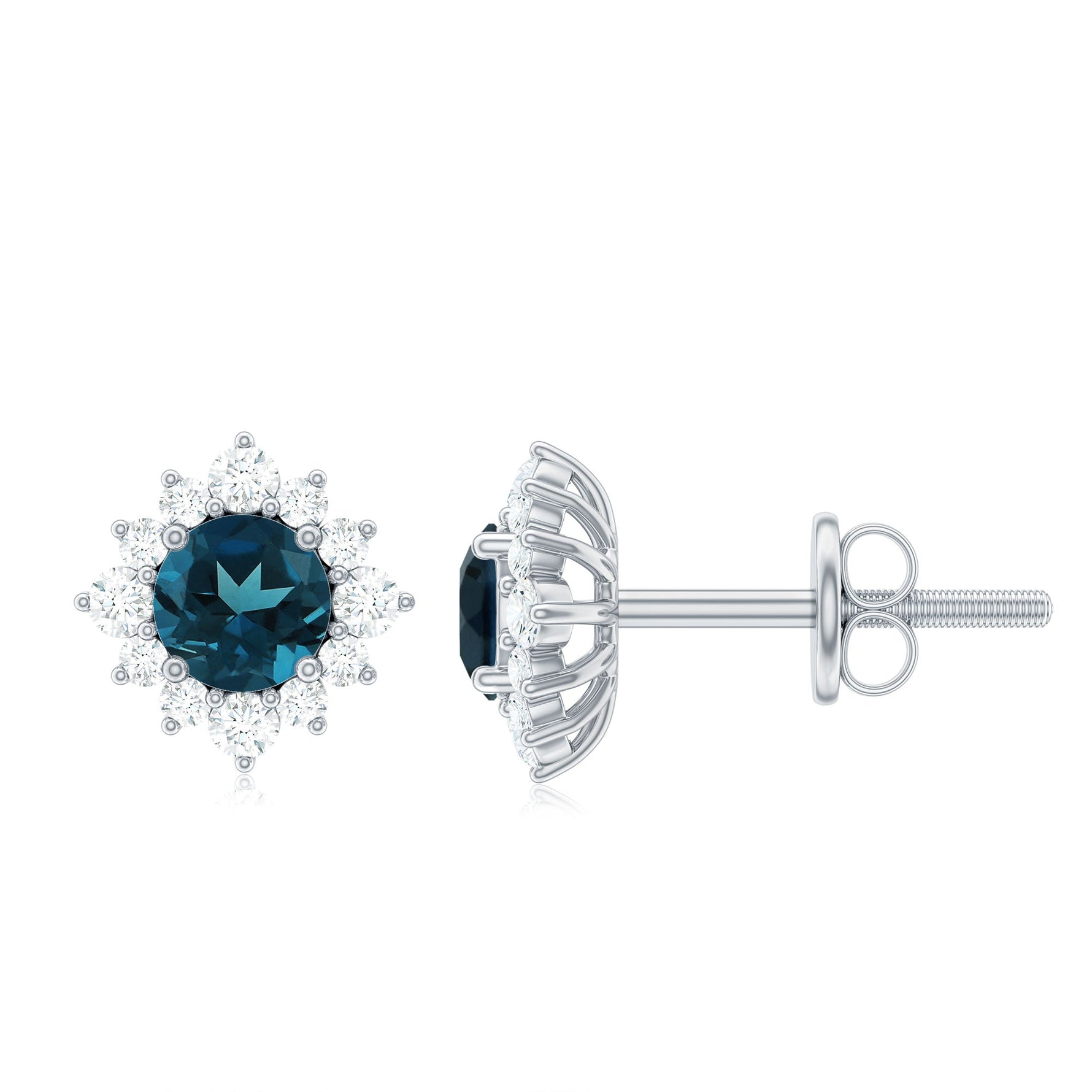 1.25 CT Classic London Blue Topaz Stud Earrings with Diamond Halo