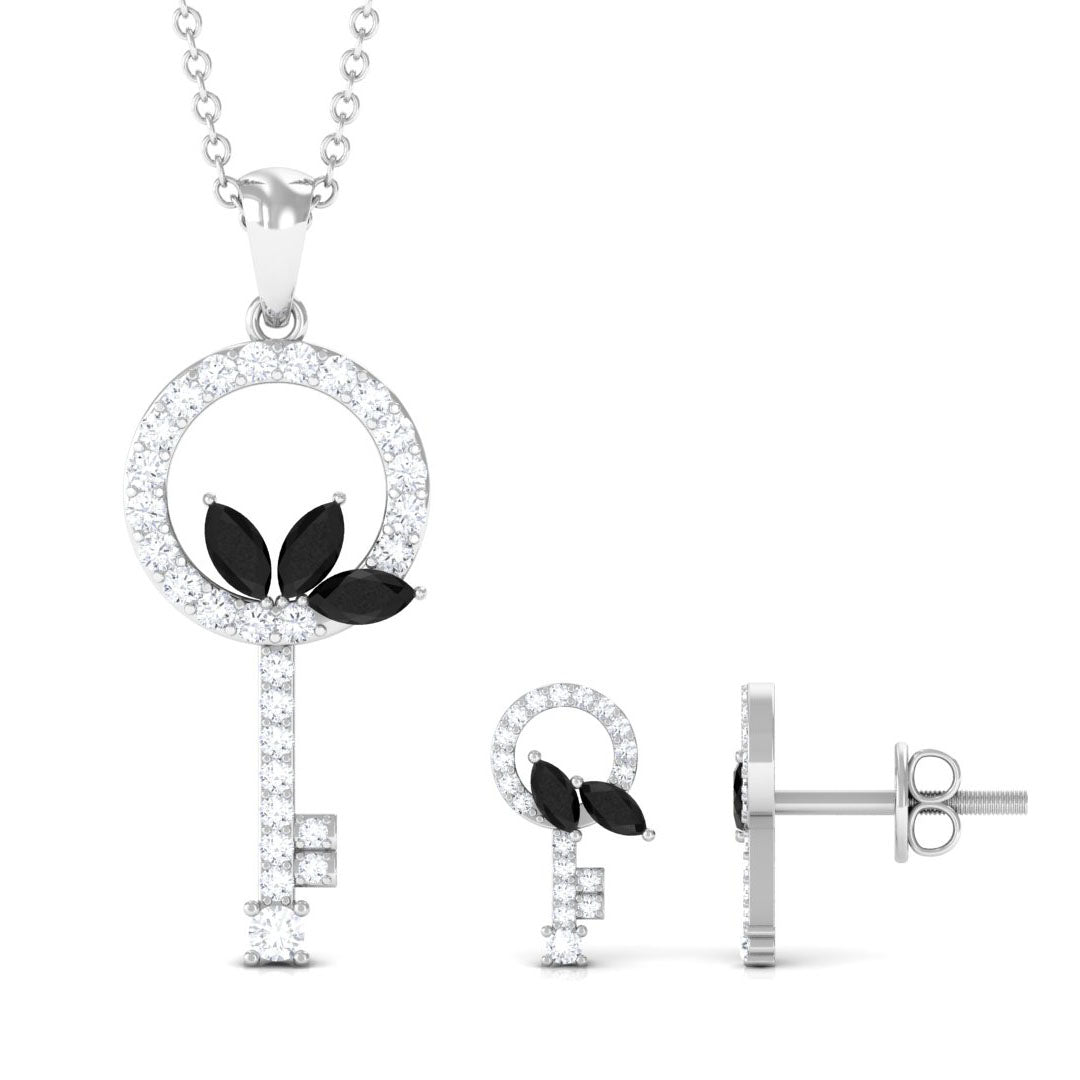 1.25 CT Black Onyx and Diamond Key Pendant Earrings Set