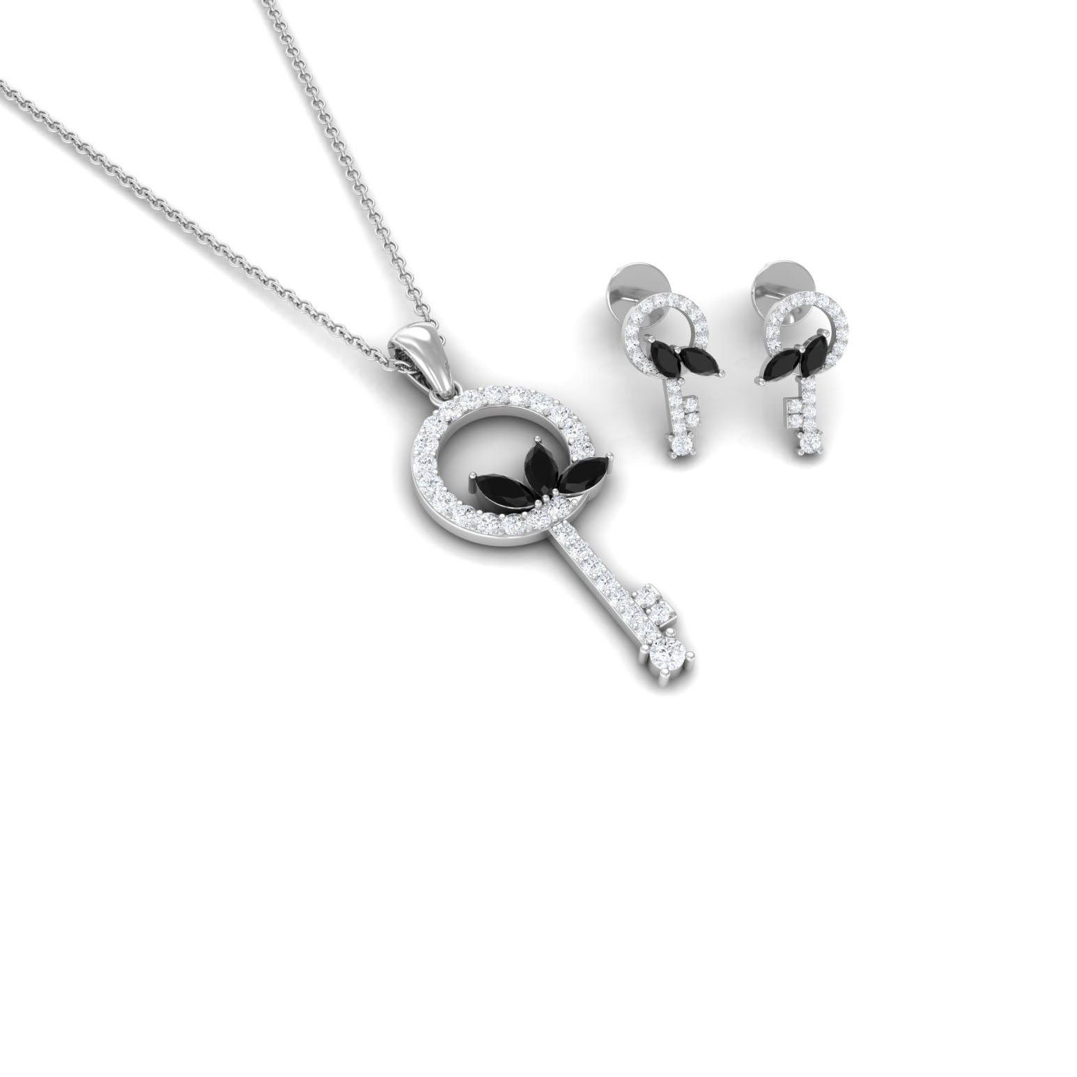 1.25 CT Black Onyx and Diamond Key Pendant Earrings Set
