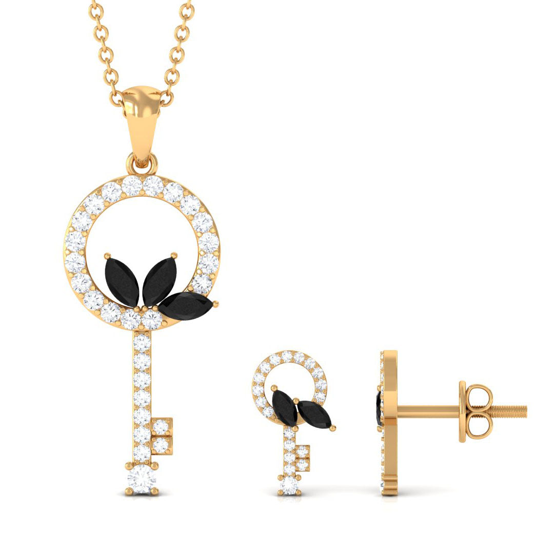 1.25 CT Black Onyx and Diamond Key Pendant Earrings Set