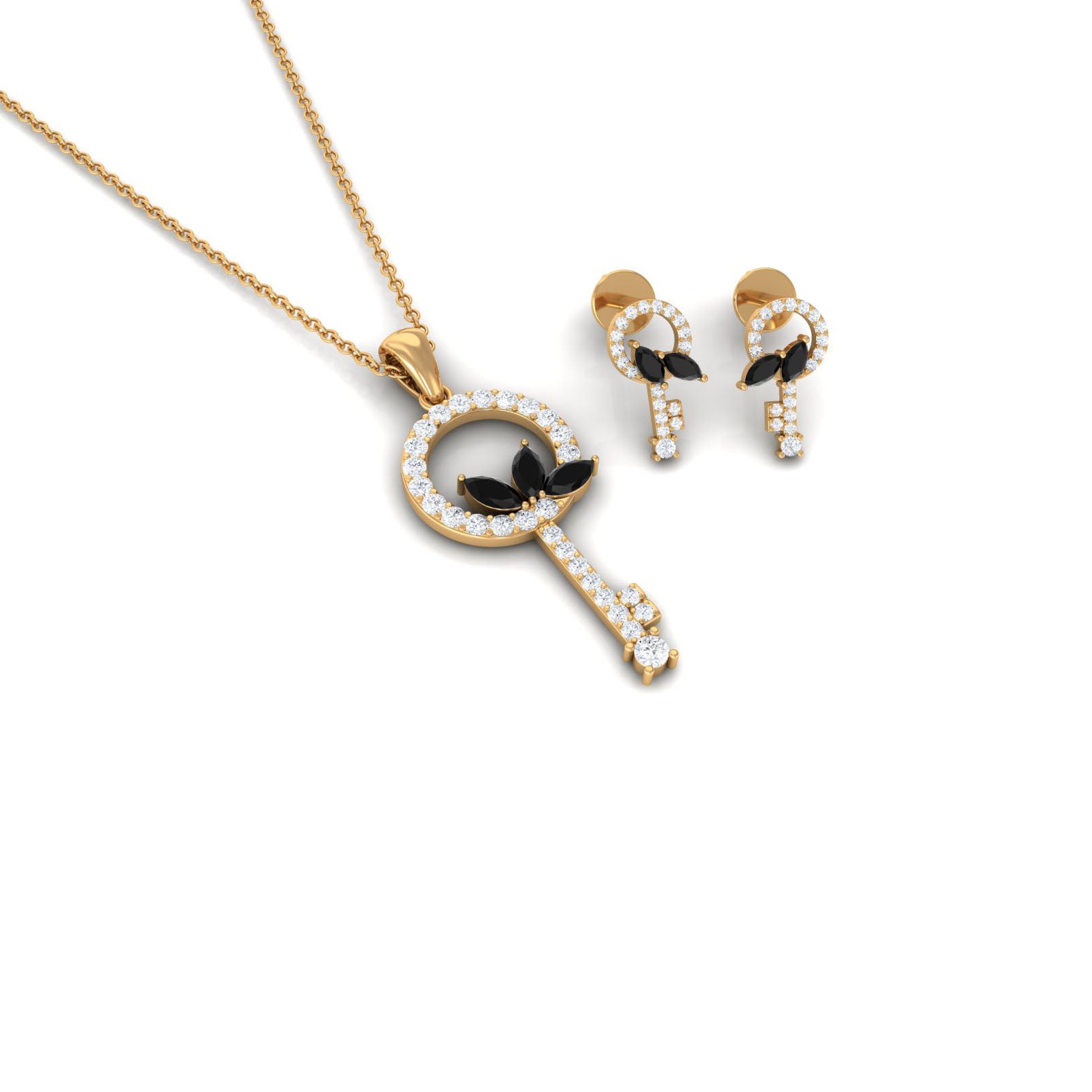 1.25 CT Black Onyx and Diamond Key Pendant Earrings Set
