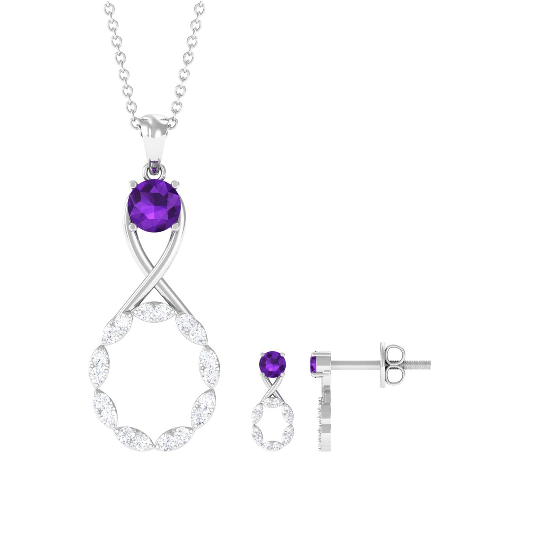 1.25 CT Amethyst and Diamond Infinity Pendant and Earrings Set