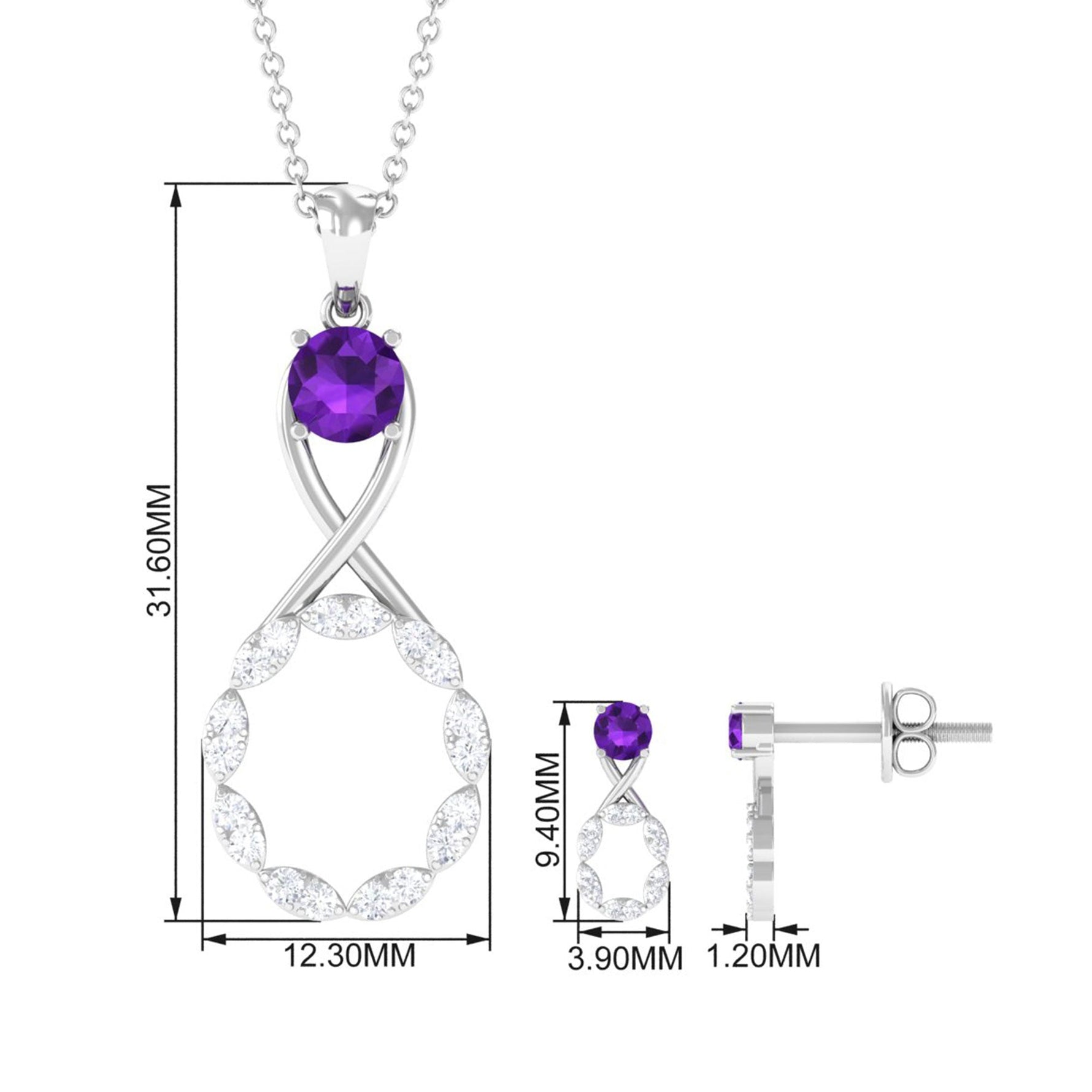 1.25 CT Amethyst and Diamond Infinity Pendant and Earrings Set