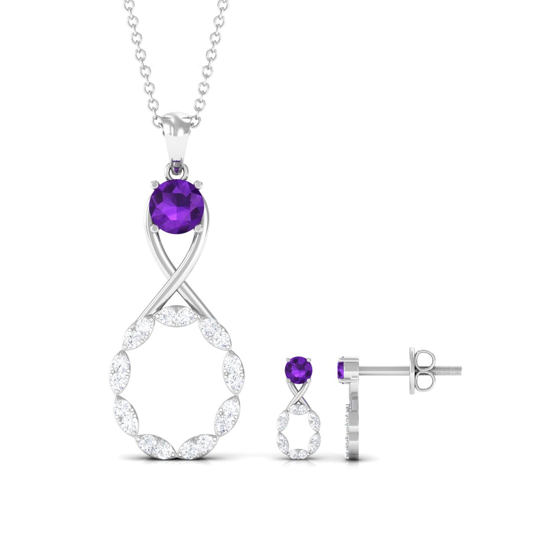 1.25 CT Amethyst and Diamond Infinity Pendant and Earrings Set