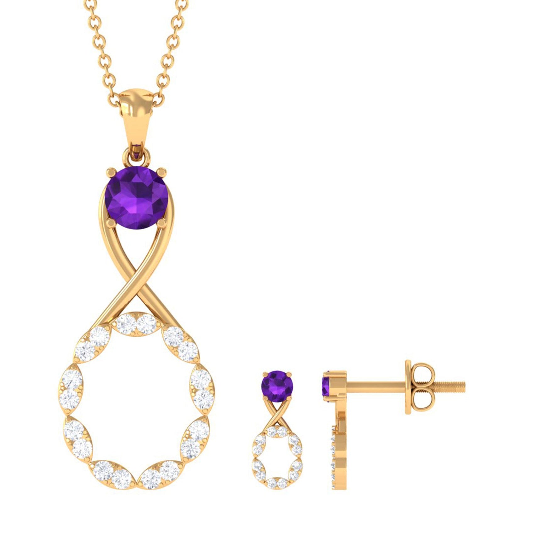 1.25 CT Amethyst and Diamond Infinity Pendant and Earrings Set