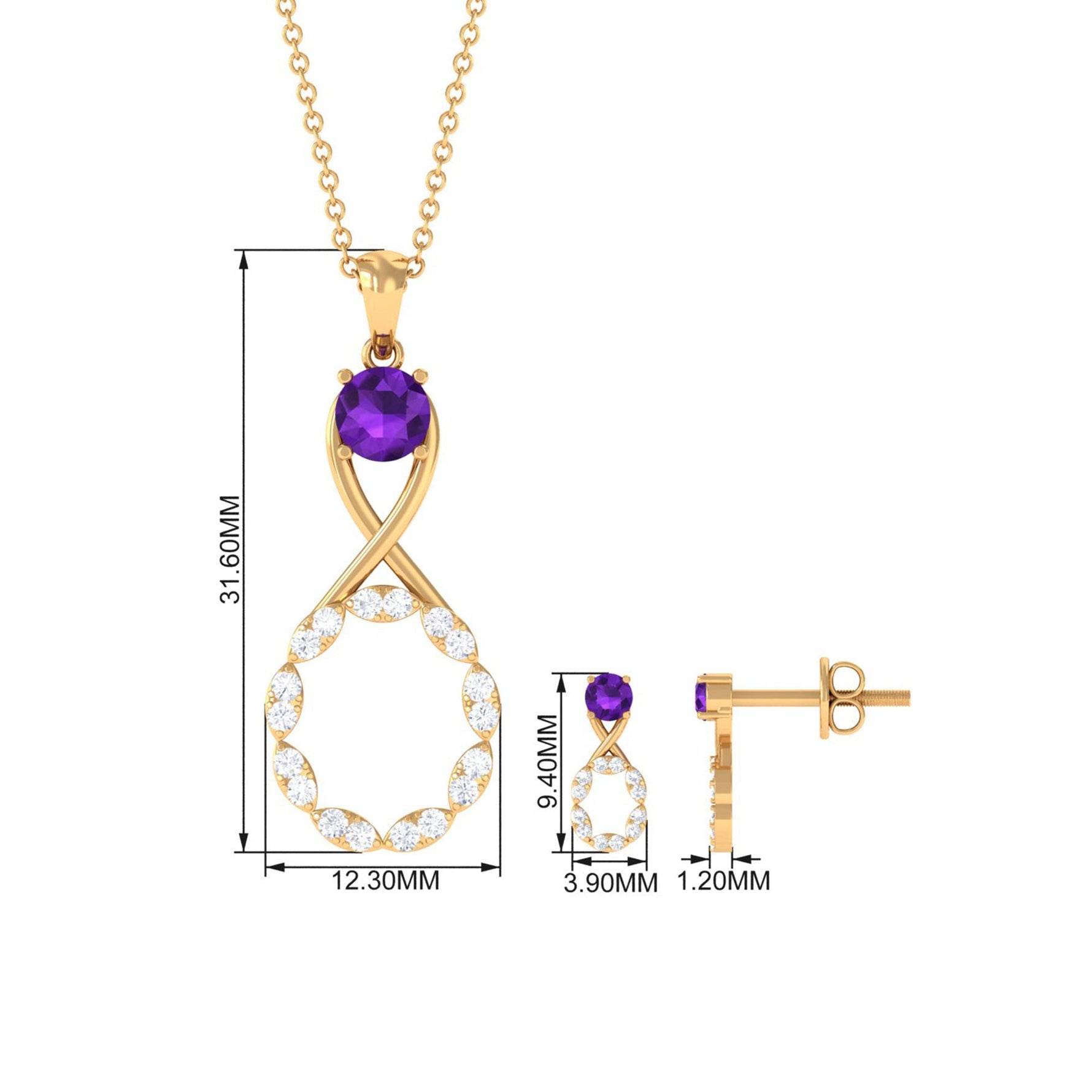 1.25 CT Amethyst and Diamond Infinity Pendant and Earrings Set