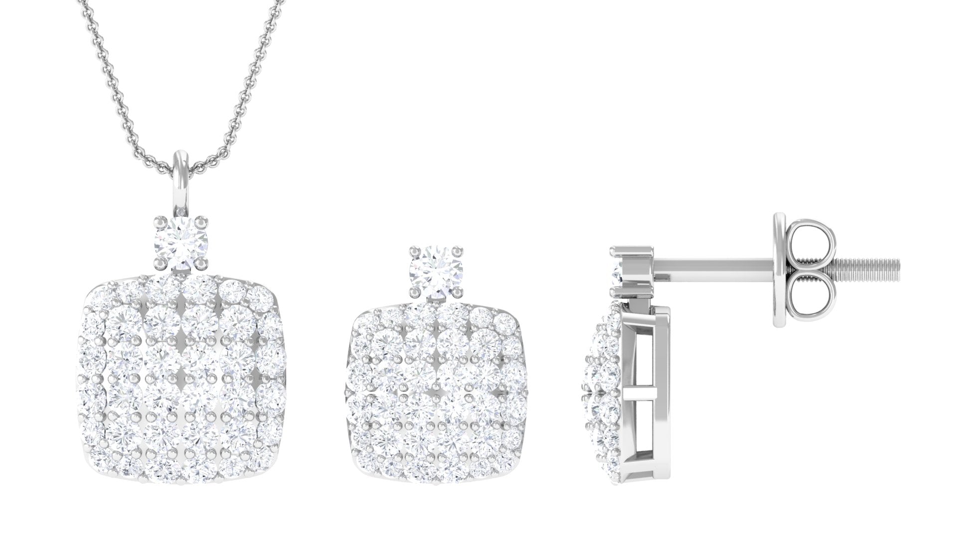 Round Moissanite Square Shape Pendant and Earrings
