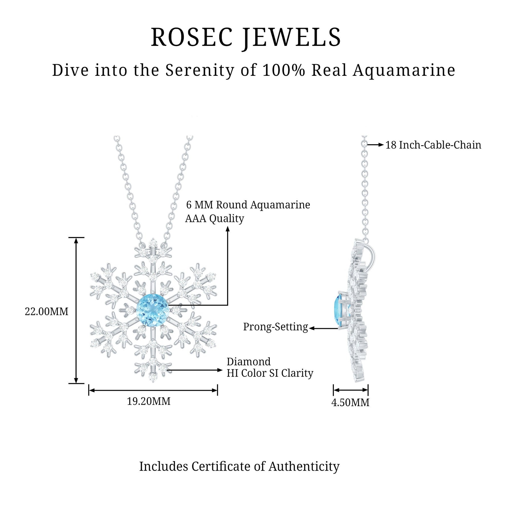 1 CT Snowflake Pendant Necklace with Aquamarine and Diamond
