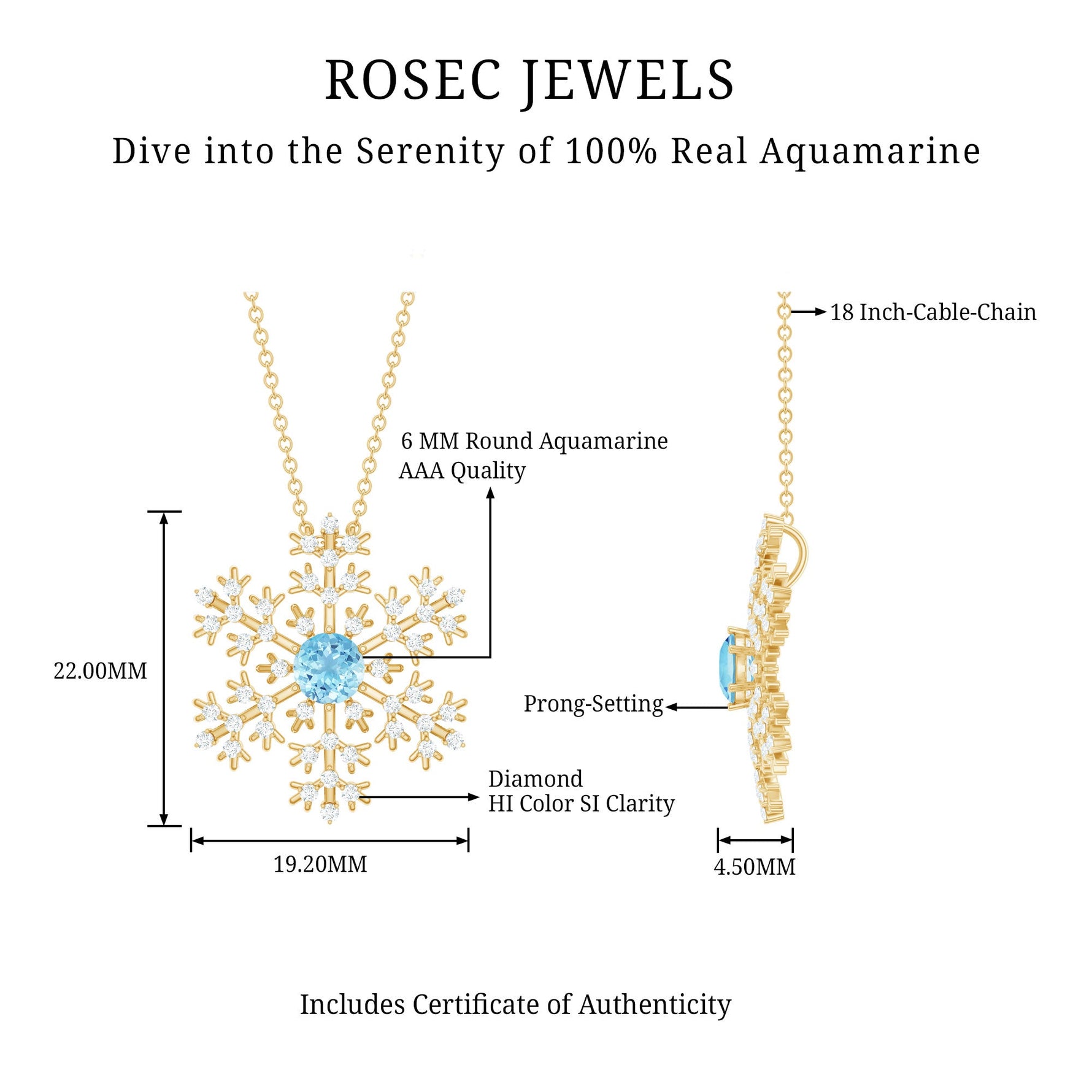 1 CT Snowflake Pendant Necklace with Aquamarine and Diamond
