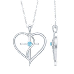 0.25 CT Aquamarine Cross Heart Pendant Necklace in Prong Setting