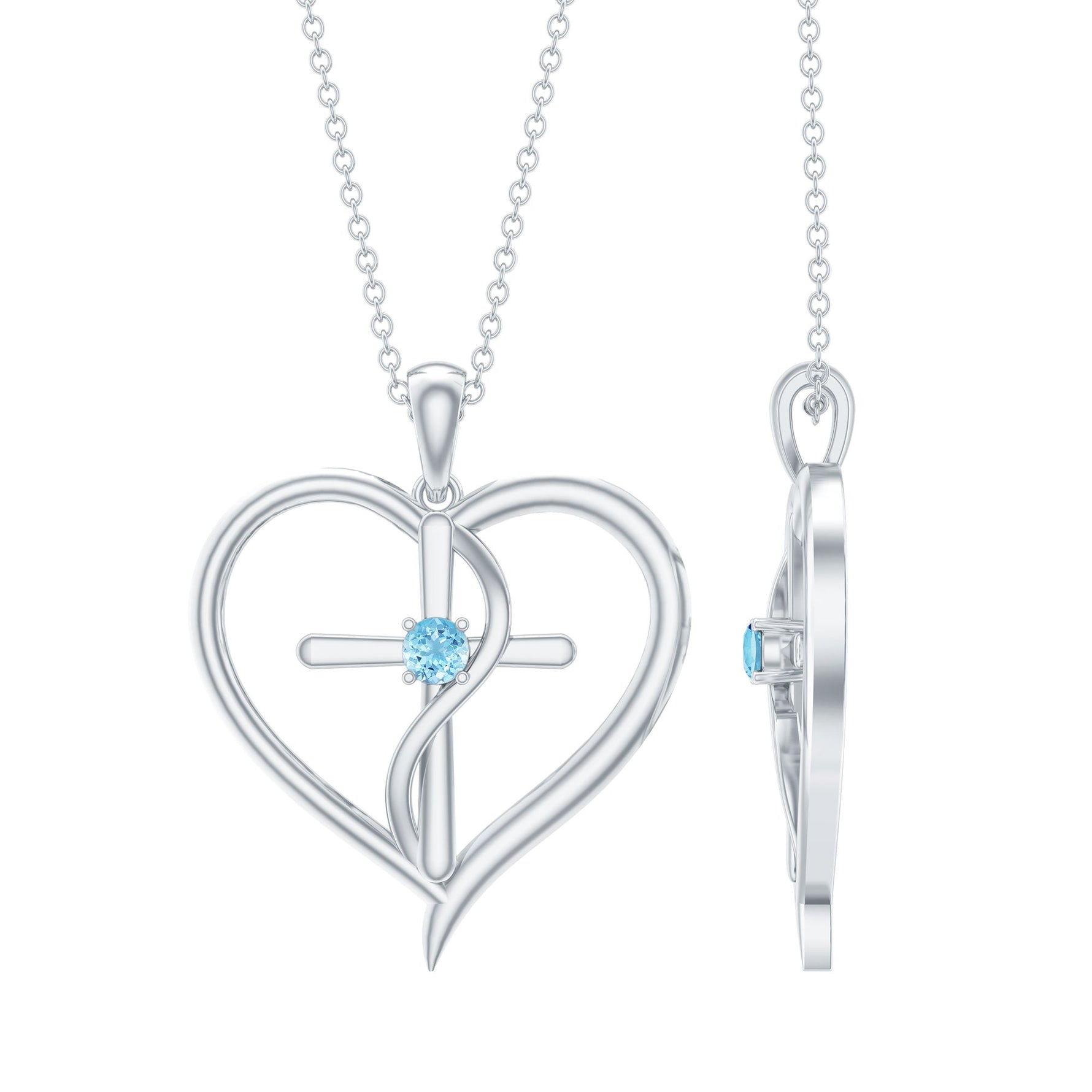 0.25 CT Aquamarine Cross Heart Pendant Necklace in Prong Setting