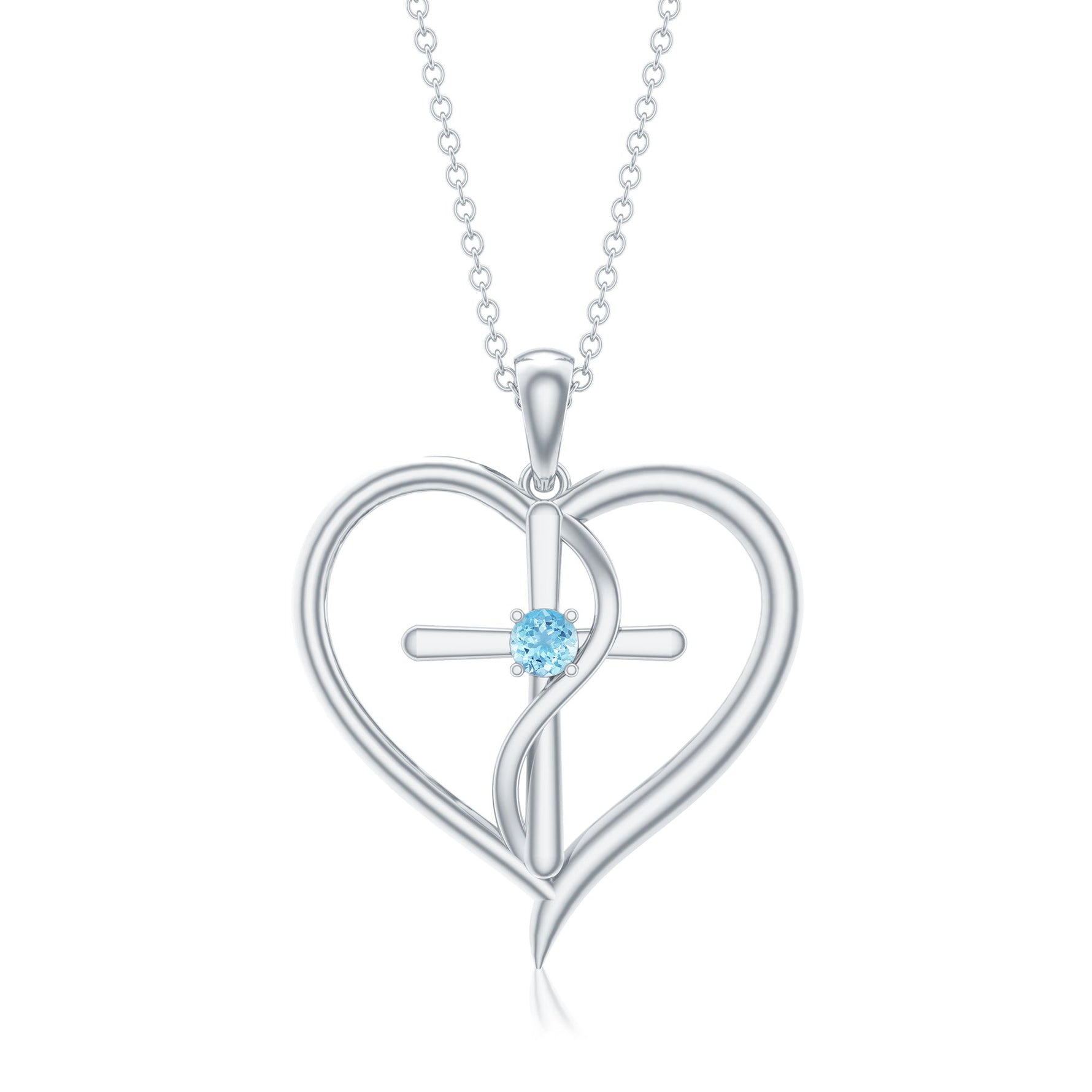 0.25 CT Aquamarine Cross Heart Pendant Necklace in Prong Setting