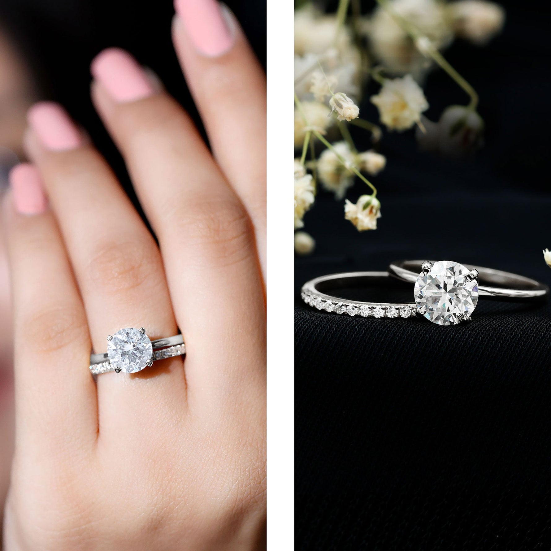 Round Shape Moissanite Solitaire Wedding Ring Set