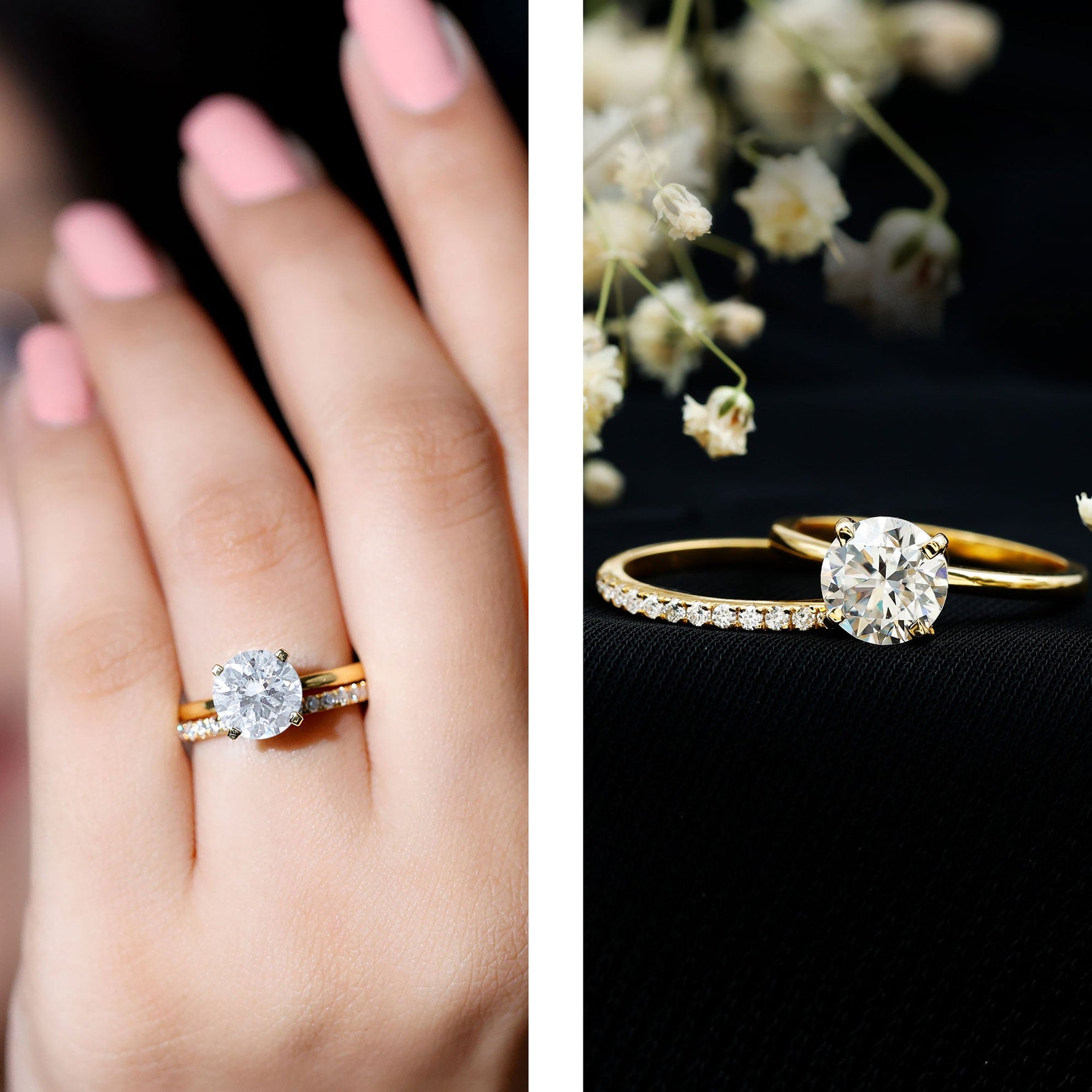 Round Shape Moissanite Solitaire Wedding Ring Set