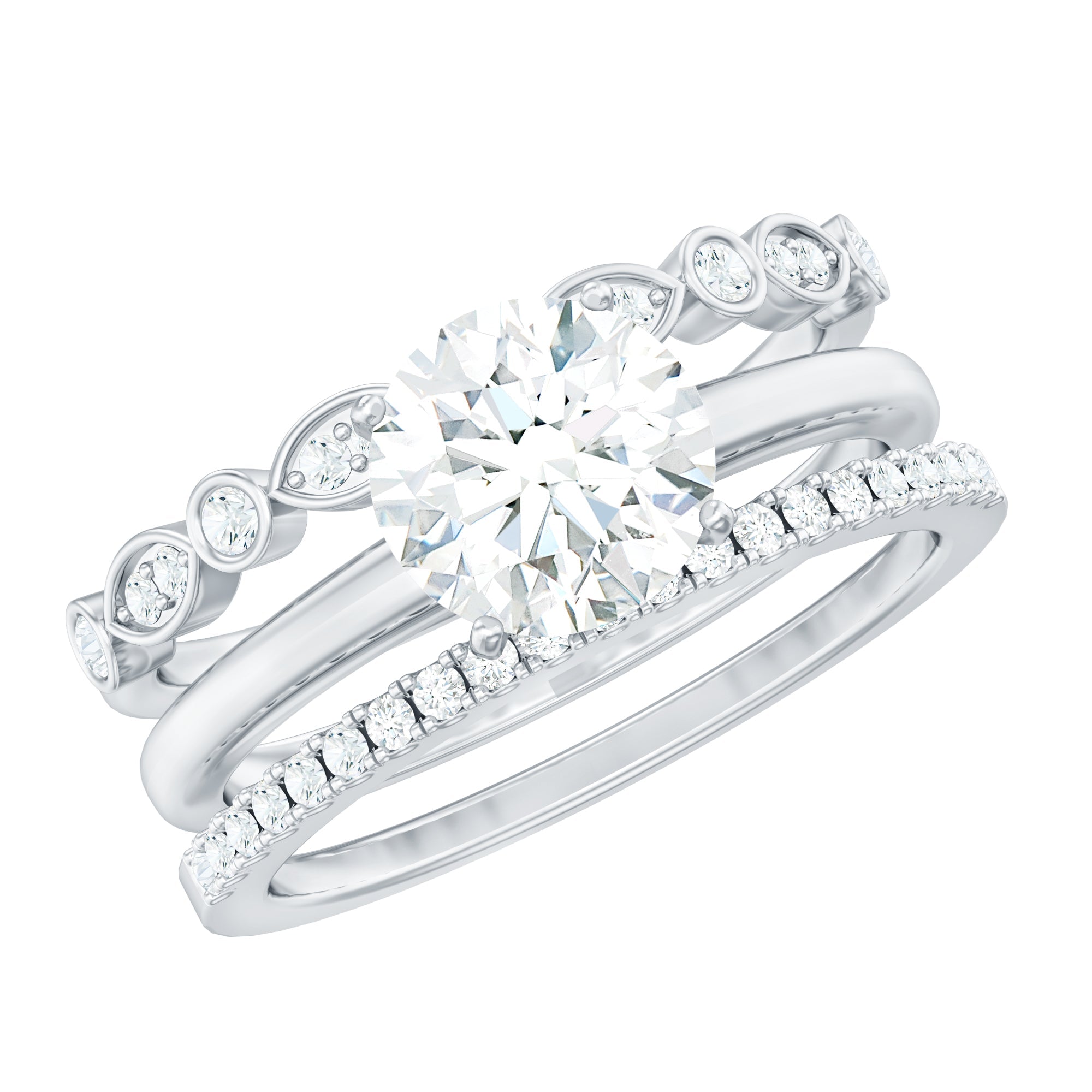 Round shape Solitaire Moissanite Trio Wedding Ring Set