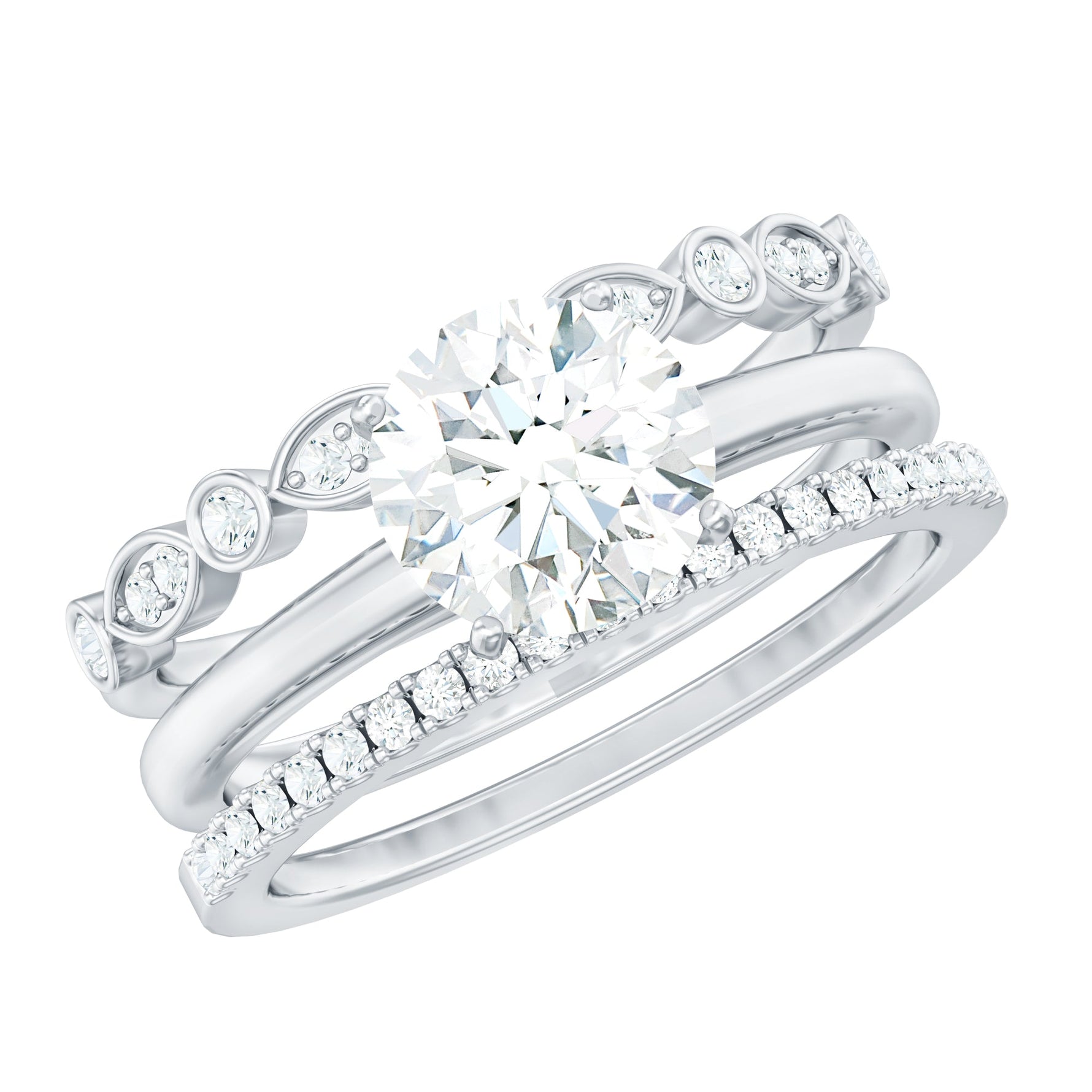 Round shape Solitaire Moissanite Trio Wedding Ring Set