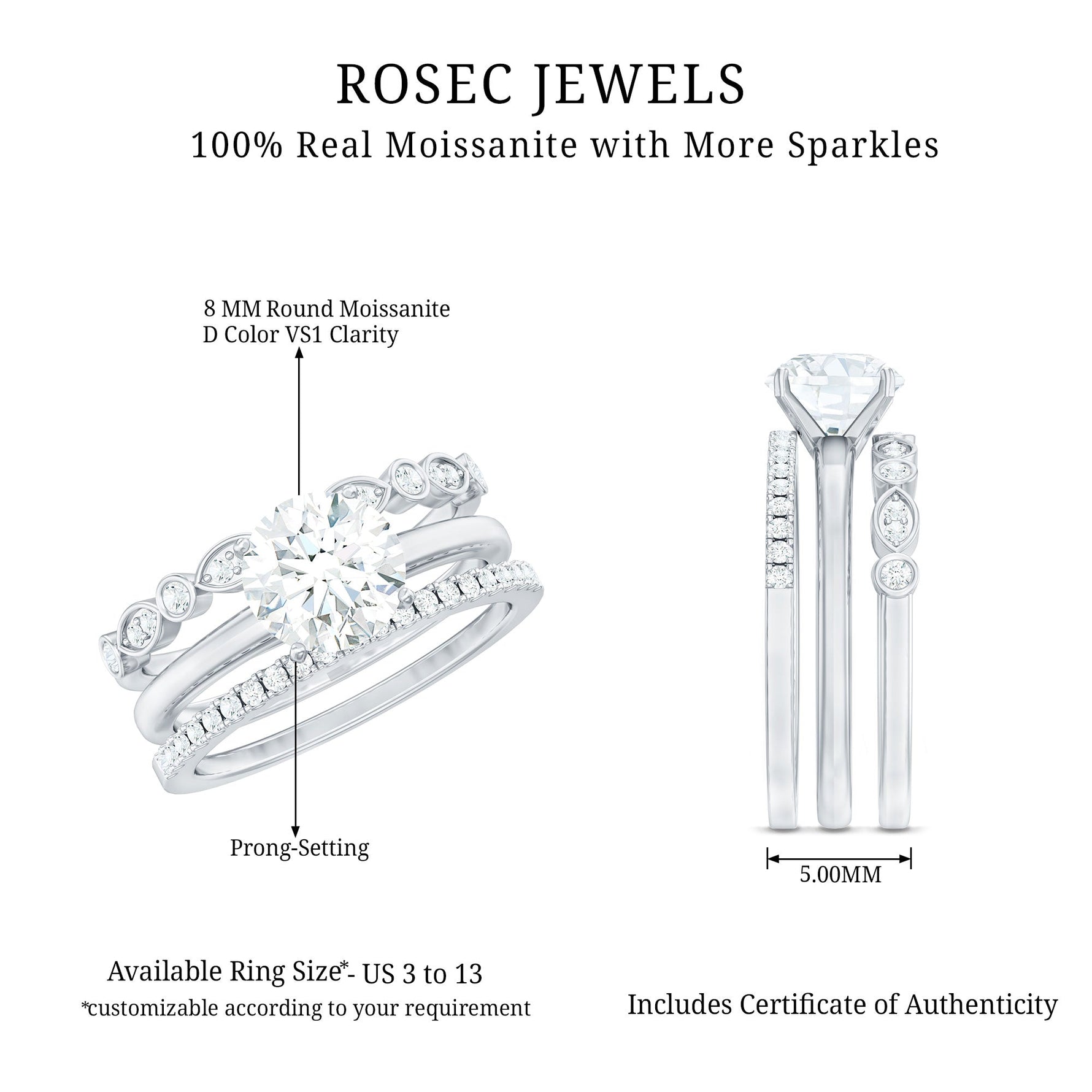 Round shape Solitaire Moissanite Trio Wedding Ring Set
