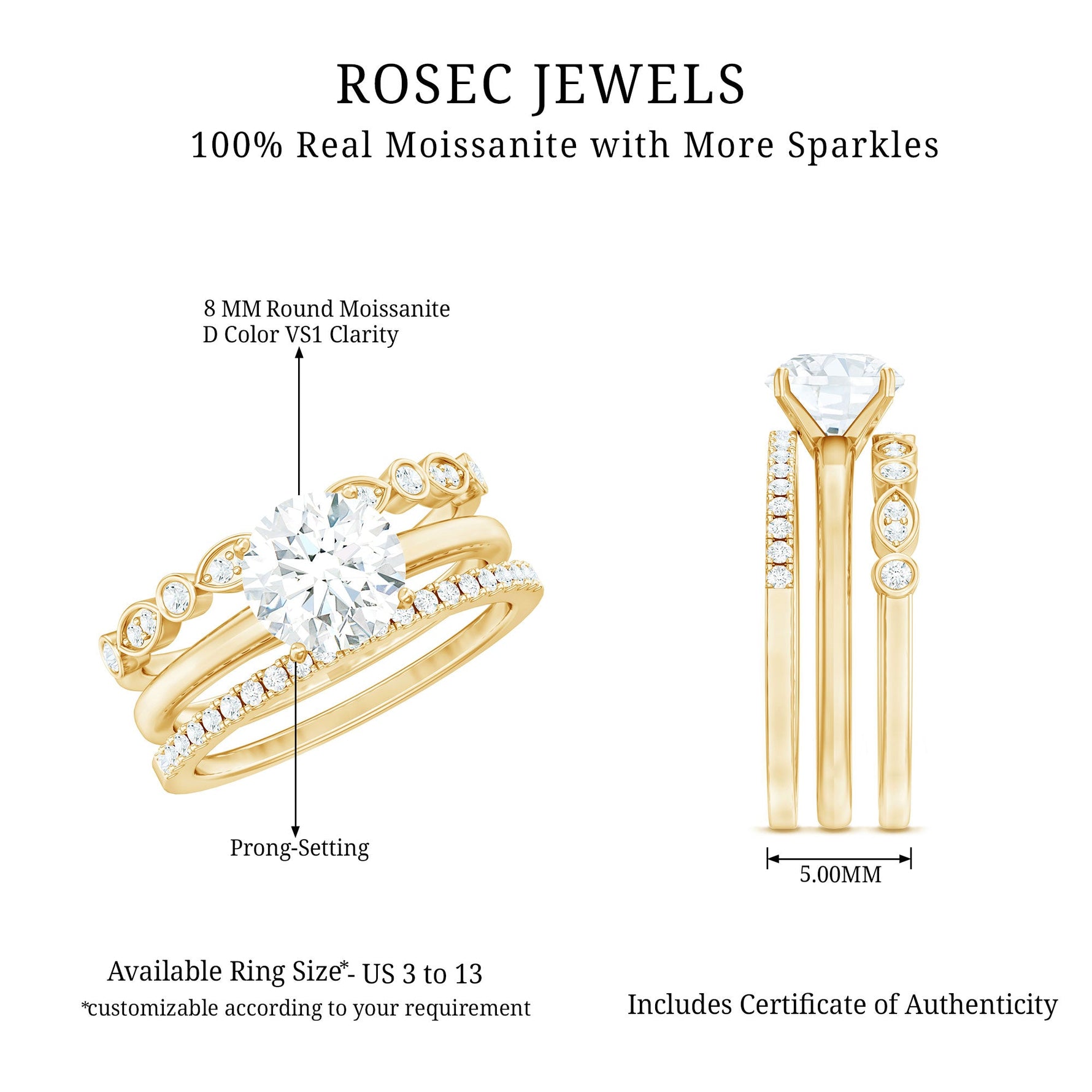 Round shape Solitaire Moissanite Trio Wedding Ring Set